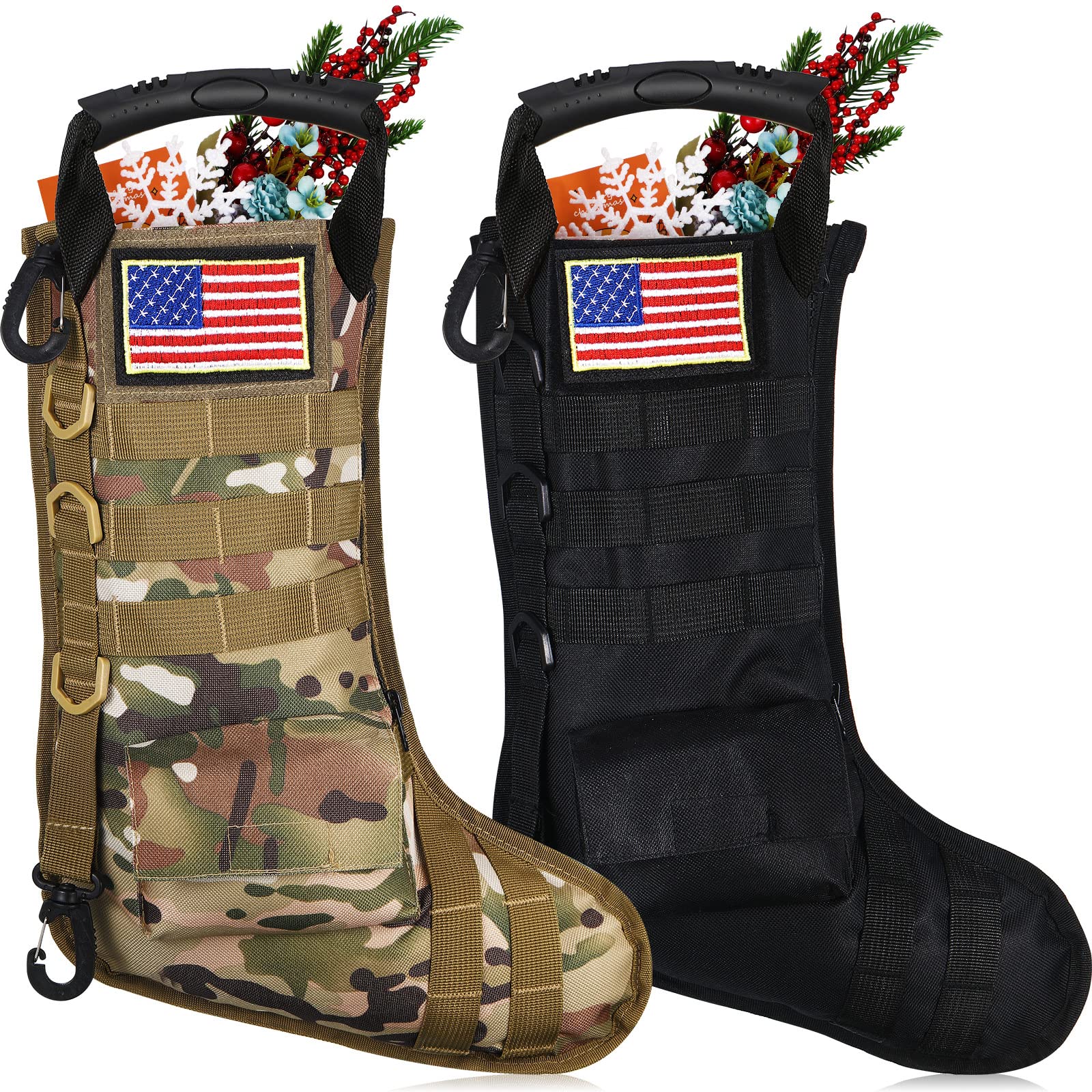 WILLBOND 2-Pack Tactical Military Christmas Stockings with American Flag Patches - MOLLE Compatible Gear Pouches for Holiday Decorations | Perfect for Xmas Tree Hanging, Fireplace Mantel Decor & Military-Themed Home Decor (Classic Style)