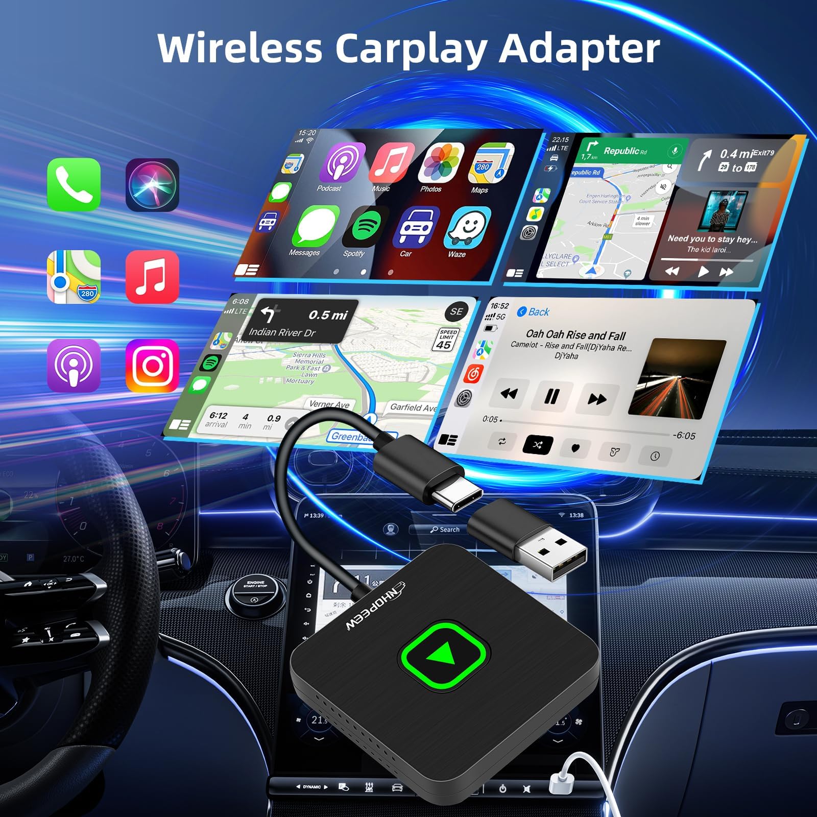 NHOPEEW Wireless CarPlay Adapter - Plug & Play CarPlay Dongle for All Factory Wired CarPlay Cars (iOS 12+ Compatible) - Seamless Wireless Control for iPhone - Perfect for Commuting, Road Trips & Hands-Free Driving