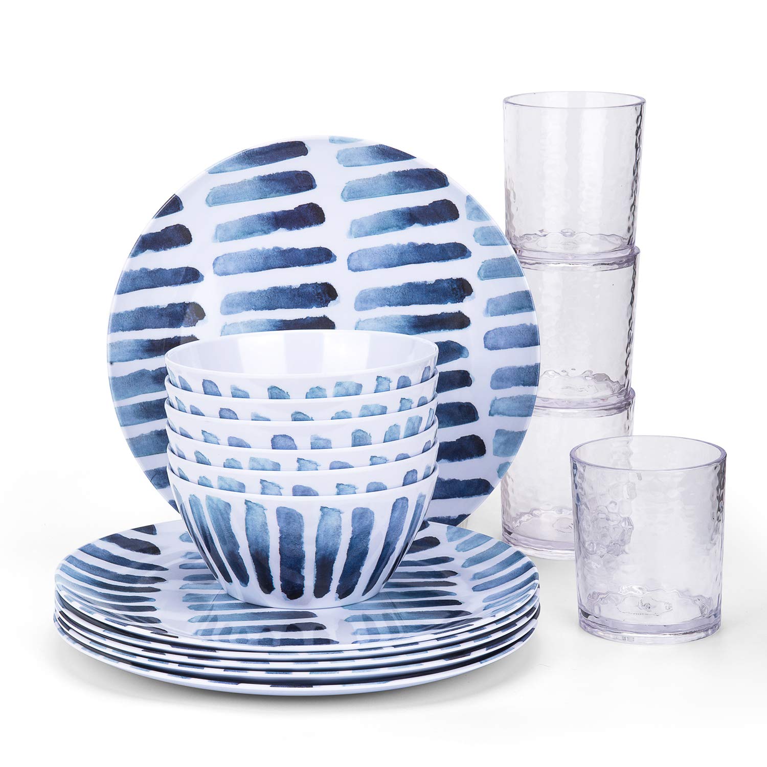 KX-WARE 6-Inch Blue Stripe Melamine Bowls - Set of 6, Durable 100% Melamine Dishware for Cereal, Soup, Salad & Desserts - Perfect for Indoor, Outdoor Dining, Picnics & Party Serving