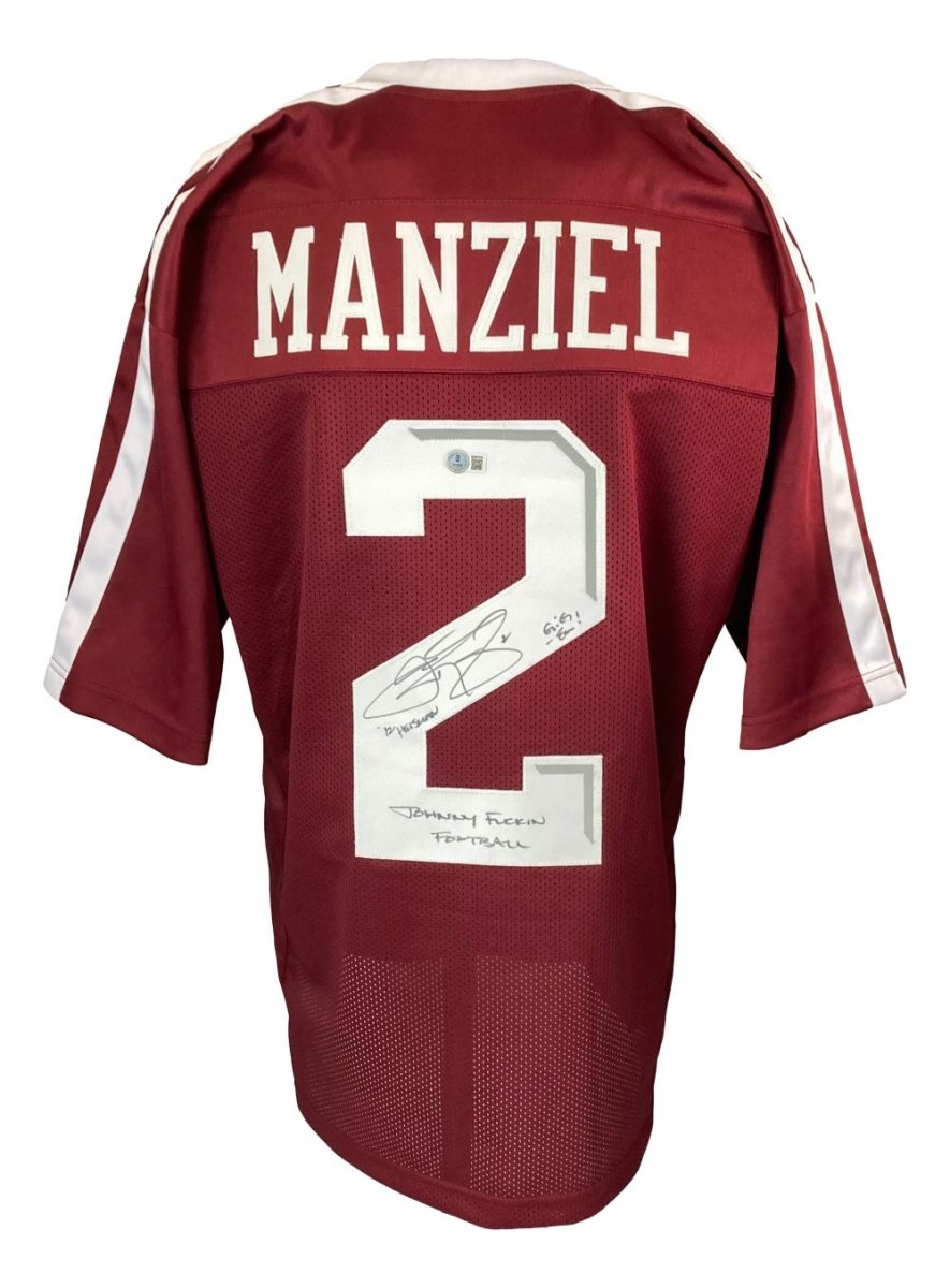 Johnny Manziel Texas A&M Signed Authentic College Football Jersey with 3 Inscriptions & 2 BAS ITP Certificates - Perfect for Sports Memorabilia Collectors, Game Room Decor, and Football Fan Gifts