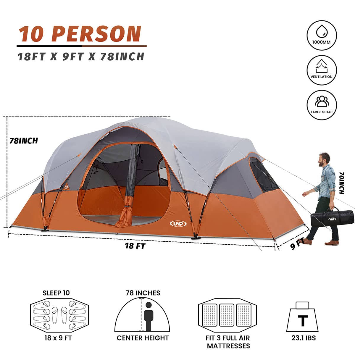 UNP 10-Person Family Camping Tent - Large Easy Setup 2-Room Shelter with 5 Mesh Windows | Waterproof & Weather Resistant (18'x9'x78