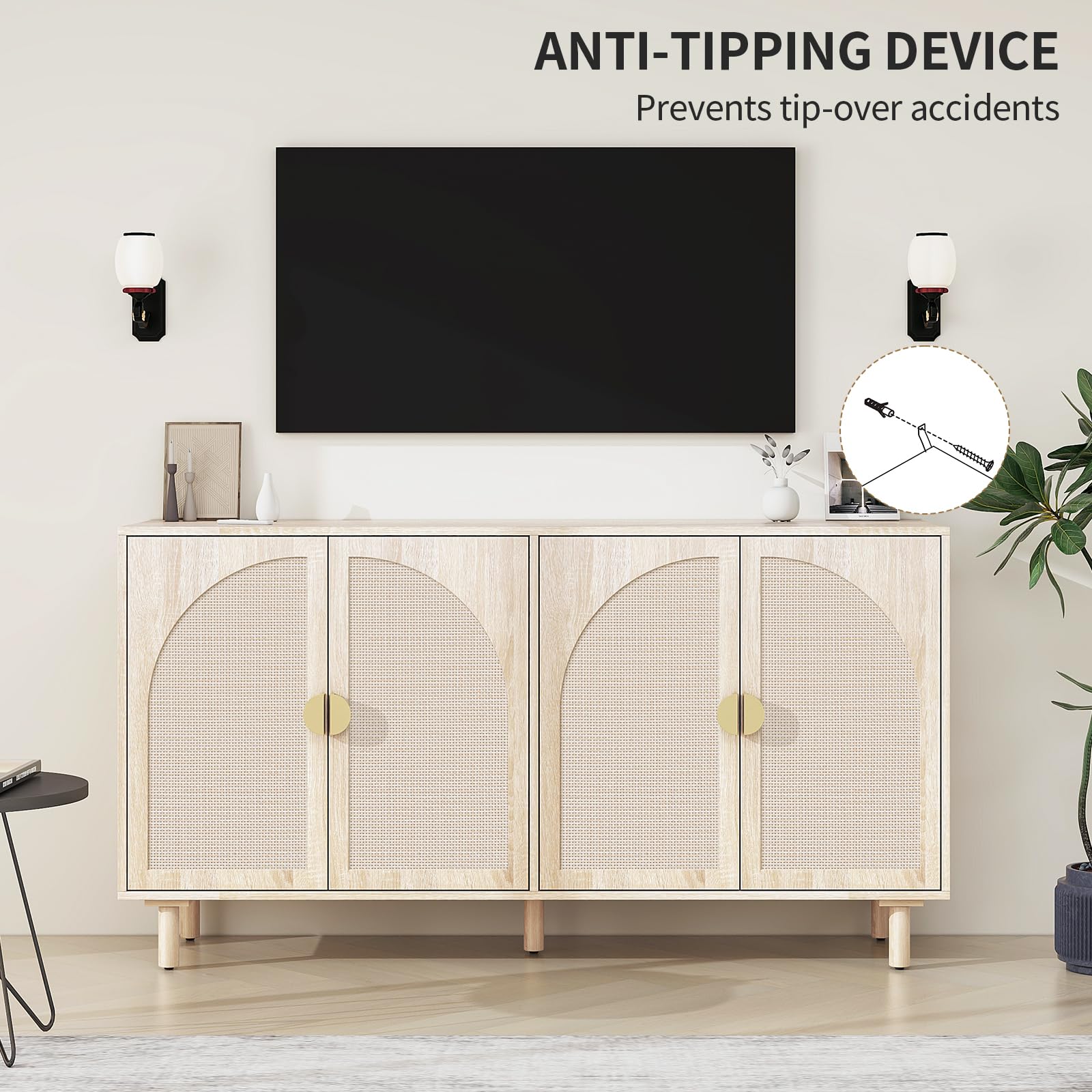 Modern Rattan Sideboard Buffet Cabinet with 4 Doors & 2 Adjustable Shelves - Boho Storage Cabinet for Living Room, Kitchen, Dining Room - Natural Woven Accent Console for Home Organization & Decor