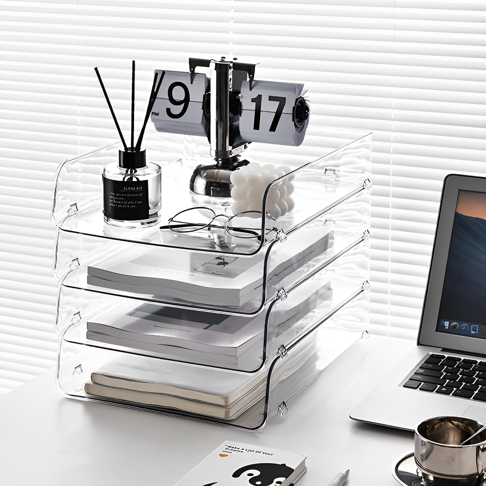 4 Pack Clear Stackable Paper Tray Organizer for Desk - Office Desk Organizer for Notes, Pens, Files & Documents - A4 Paper Holder for Home & Office Workspace Organization