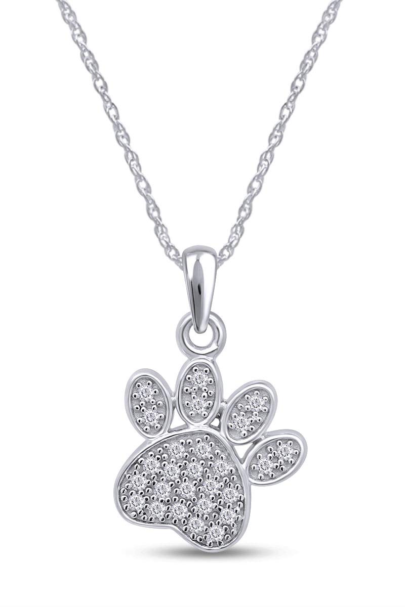 14K Gold Over Sterling Silver White Natural Diamond Dog Paw Charm Pendant Necklace (0.1 Ct) - Perfect Gift for Pet Lovers, Birthday & Anniversary Jewelry