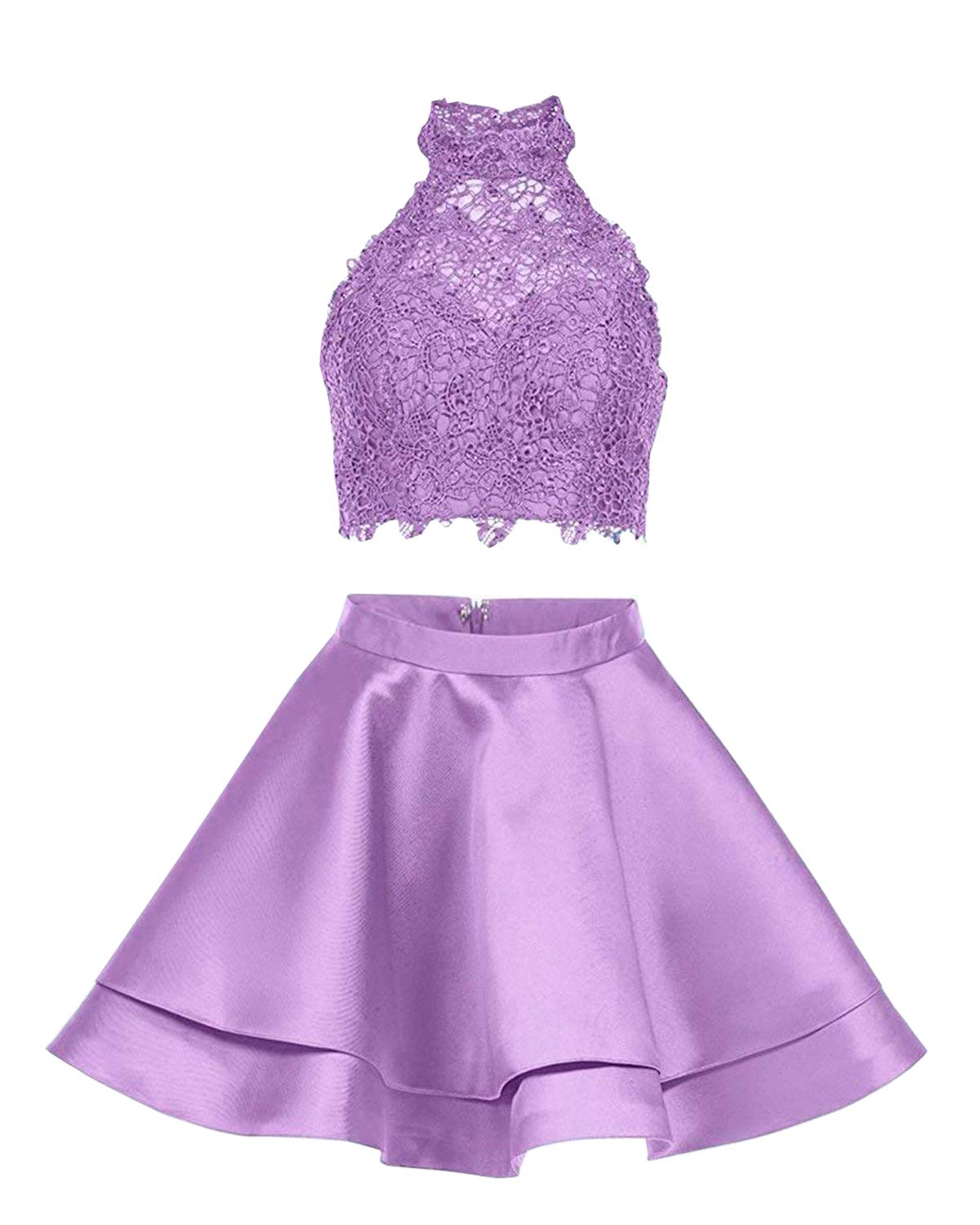 Elegant Women's Satin Lace Halter Short Prom Dress 2-Piece Set - Sexy Homecoming Dresses for Party, Cocktail, Evening Events & Special Occasions
