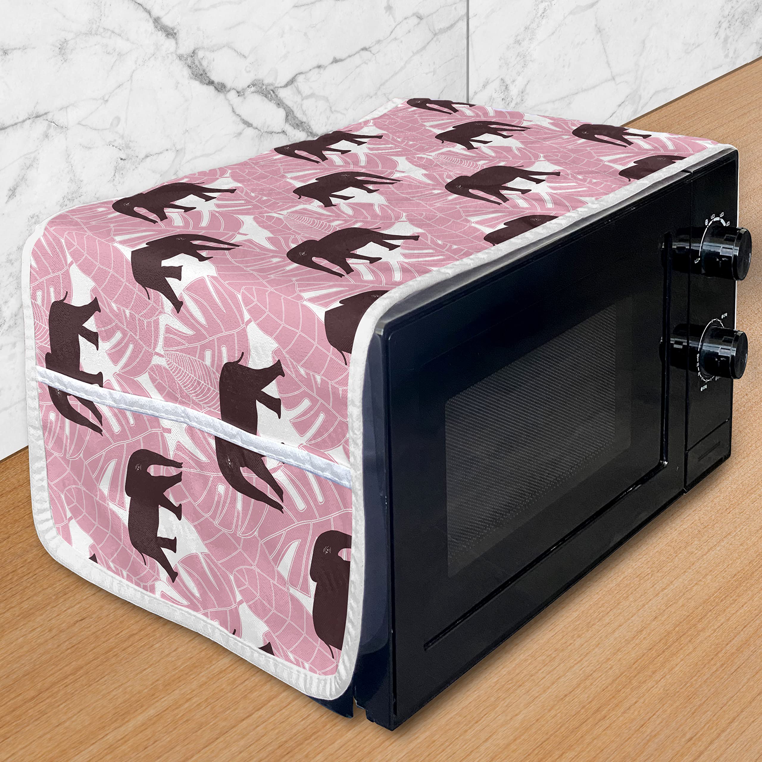 Ambesonne Animal Print Microwave Cover - Water Resistant Kitchen Organizer with Pockets, 36x12 Inches, Tropical Pink Palm Leaves & African Animals Design - Perfect for Protecting Appliances & Storing Kitchen Utensils