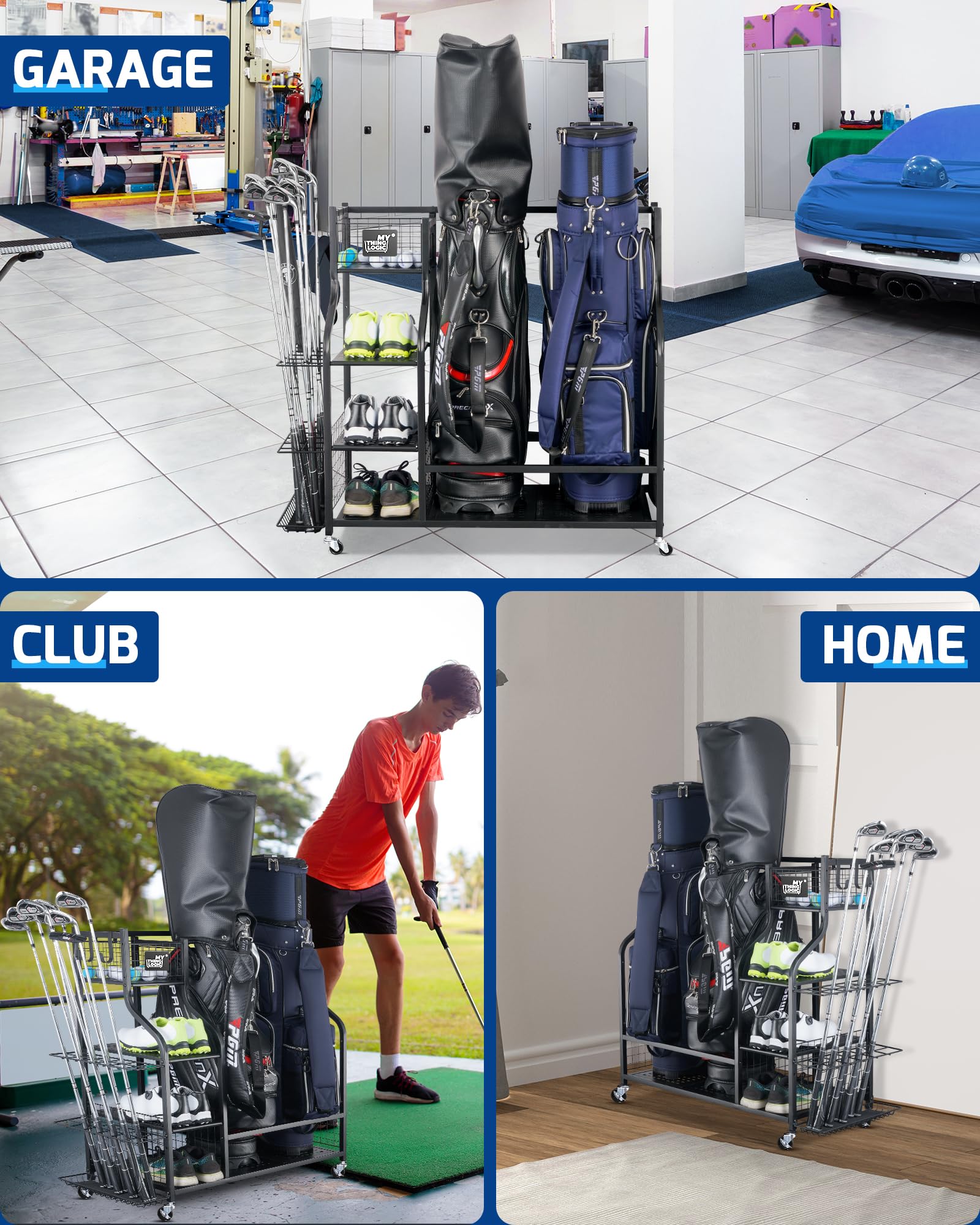 Mythinglogic Golf Bag Storage Stand - Golf Club Organizer Rack for Garage, Golf Equipment Holder with Extra Storage Space | Perfect for Golf Club Organization & Home Garage Storage