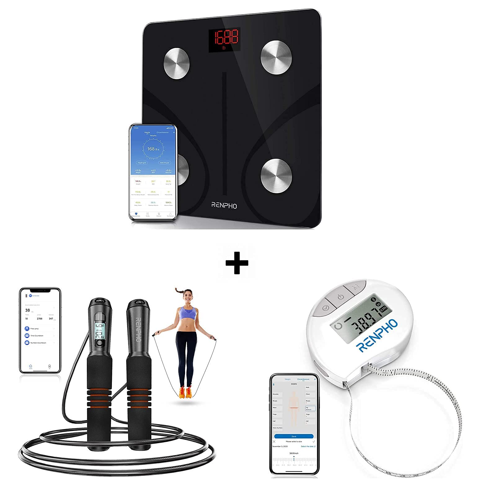 RENPHO Smart Body Fat Scale with Bluetooth, Smart Jump Rope, and Digital Tape Measure - Sync with App for Weight Loss, Fitness Tracking & Body Measurements - Perfect for Home Gym, Workout Routines & Health Monitoring