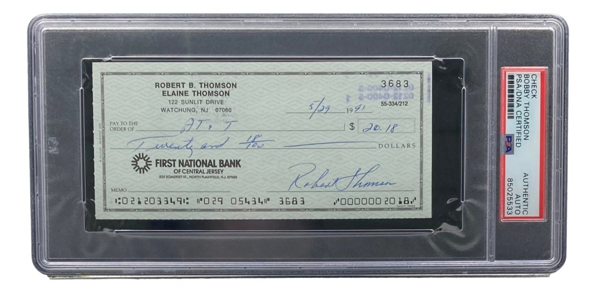 Authentic Bobby Thomson New York Giants Signed Bank Check with PSA/DNA Certification 85025533 - Perfect for Sports Memorabilia Collectors and Baseball Fans