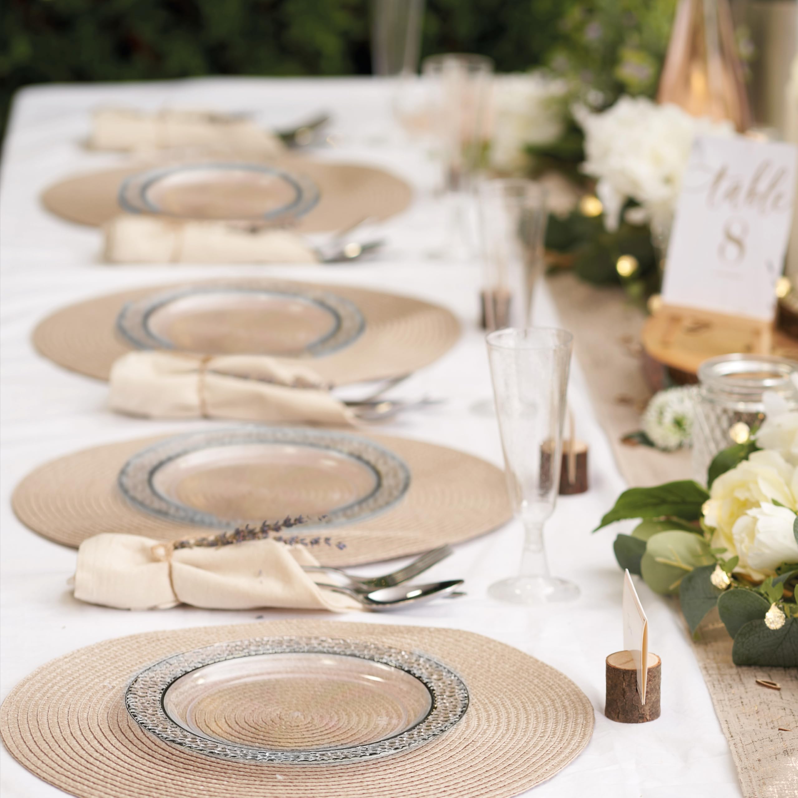 MATANA 20-Pack 7.5 Inch Clear Reusable Plastic Party Plates with Hammered Silver Rim - Heavy Duty Dinner Plates for Wedding, Bridal Shower, Birthday Party, Baby Shower & Special Events - Elegant Disposable Tableware for Indoor/Outdoor Celebrations