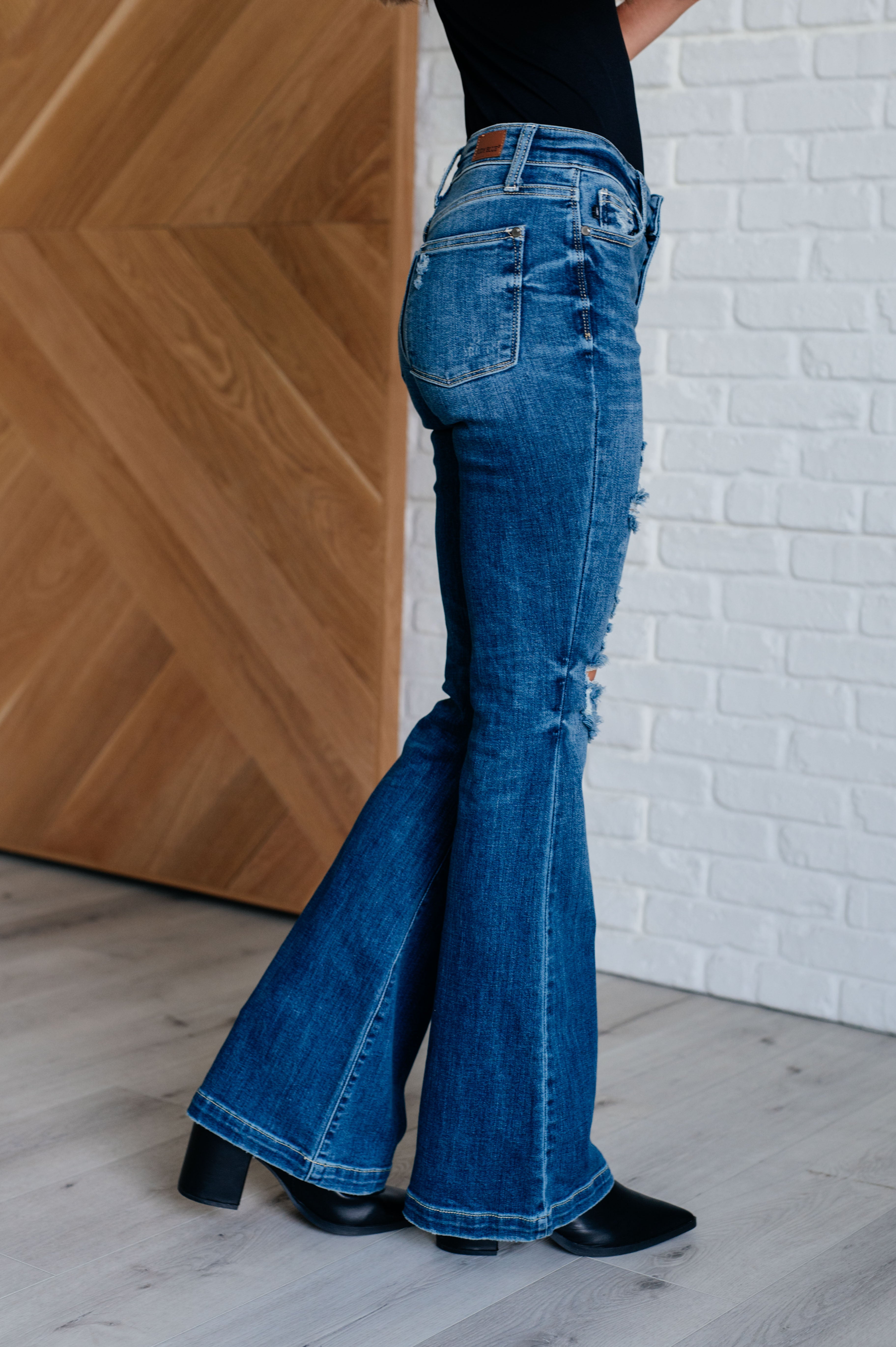 Gabriella Women's Mid Rise Distressed Button Fly Flare Jeans - Vintage Denim Pants for Casual Outfits & Everyday Wear
