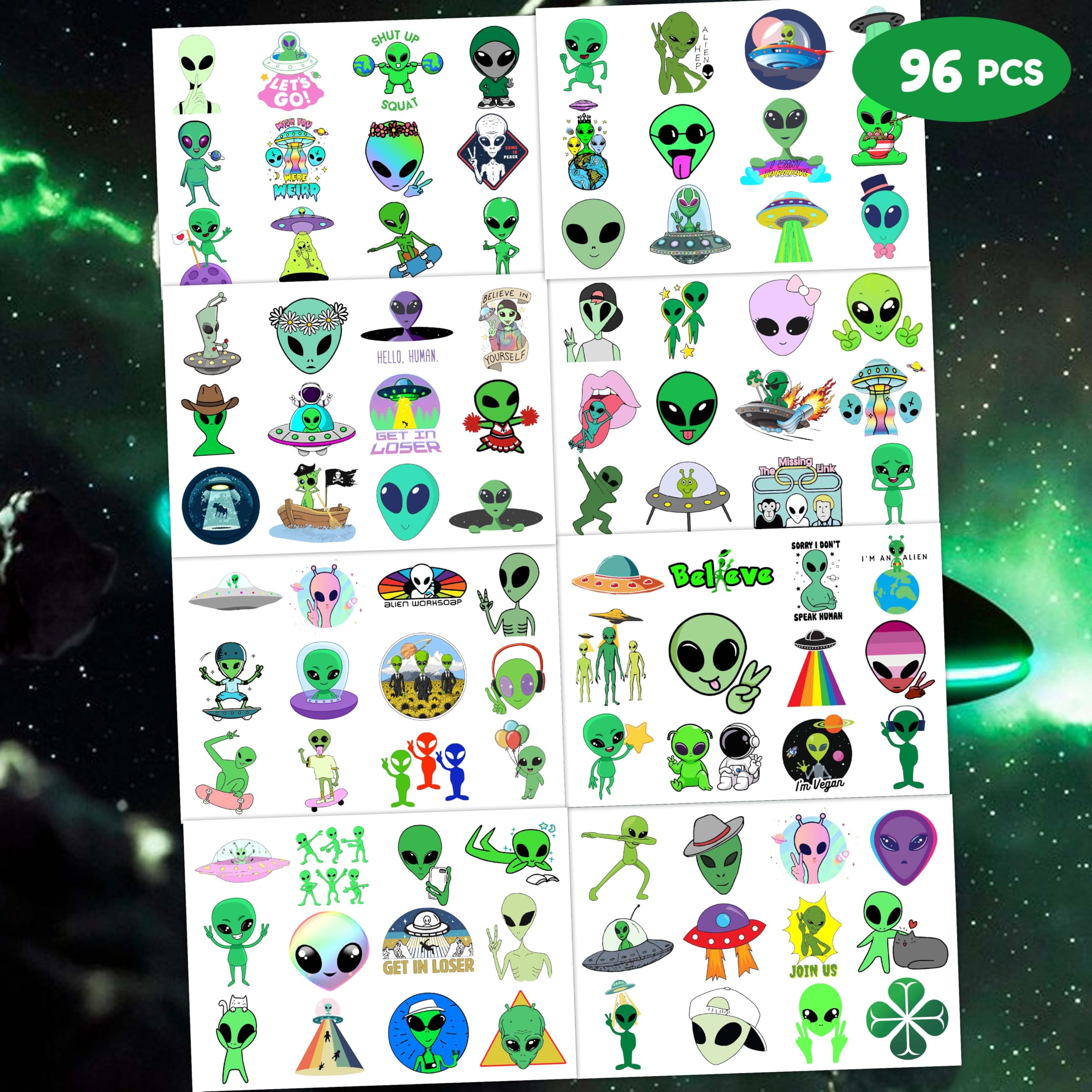 96PCS Alien Temporary Tattoos for Kids - Outer Space Themed Birthday Party Decorations, Classroom Rewards & School Prizes - Fun Stickers for Boys & Girls (8 Sheets) - Perfect for Space Parties, Halloween Costumes & Science Themed Events