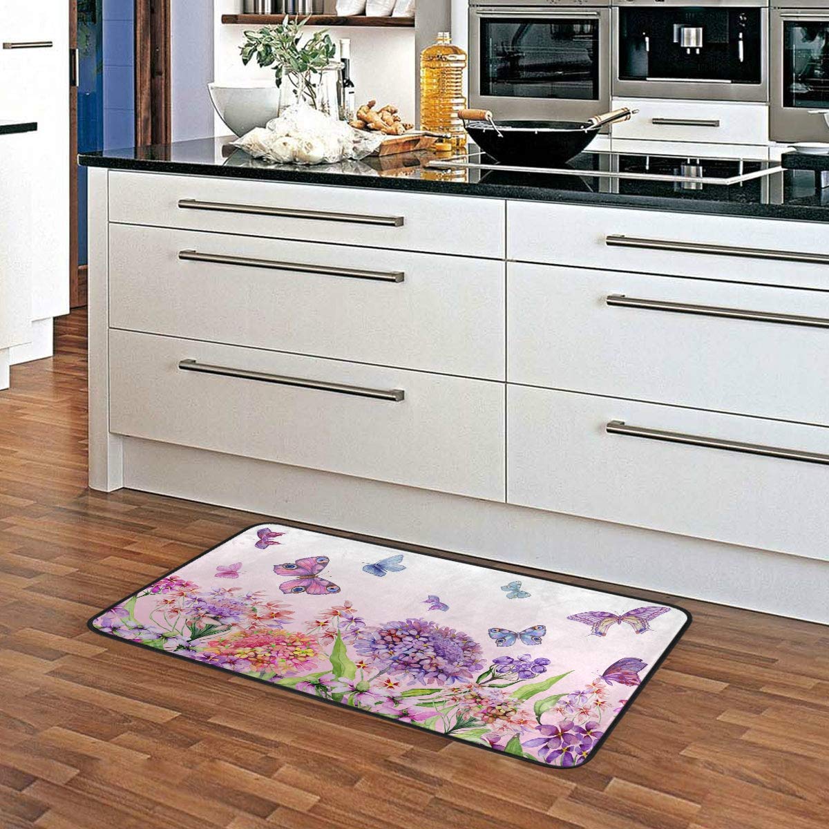 MOYYO Non-Slip Kitchen Mat with Vivid Flowers & Butterflies - Anti-Fatigue Comfort Floor Mat, Oil & Stain Resistant, Easy to Clean - Perfect for Kitchen, Bathroom, Indoor & Outdoor Use