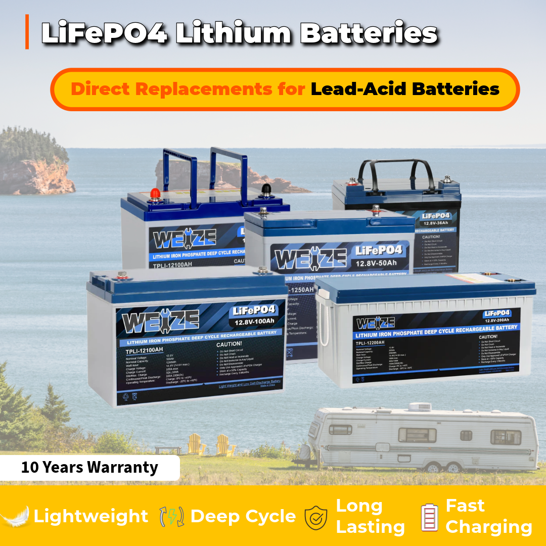 WEIZE 12V 100Ah LiFePO4 Lithium Deep Cycle Battery with Smart BMS - 10-Year Warranty, Low Self-Discharge (3%/Month) - Perfect for RV, Solar Power, Marine, Off-Grid & Backup Power Systems