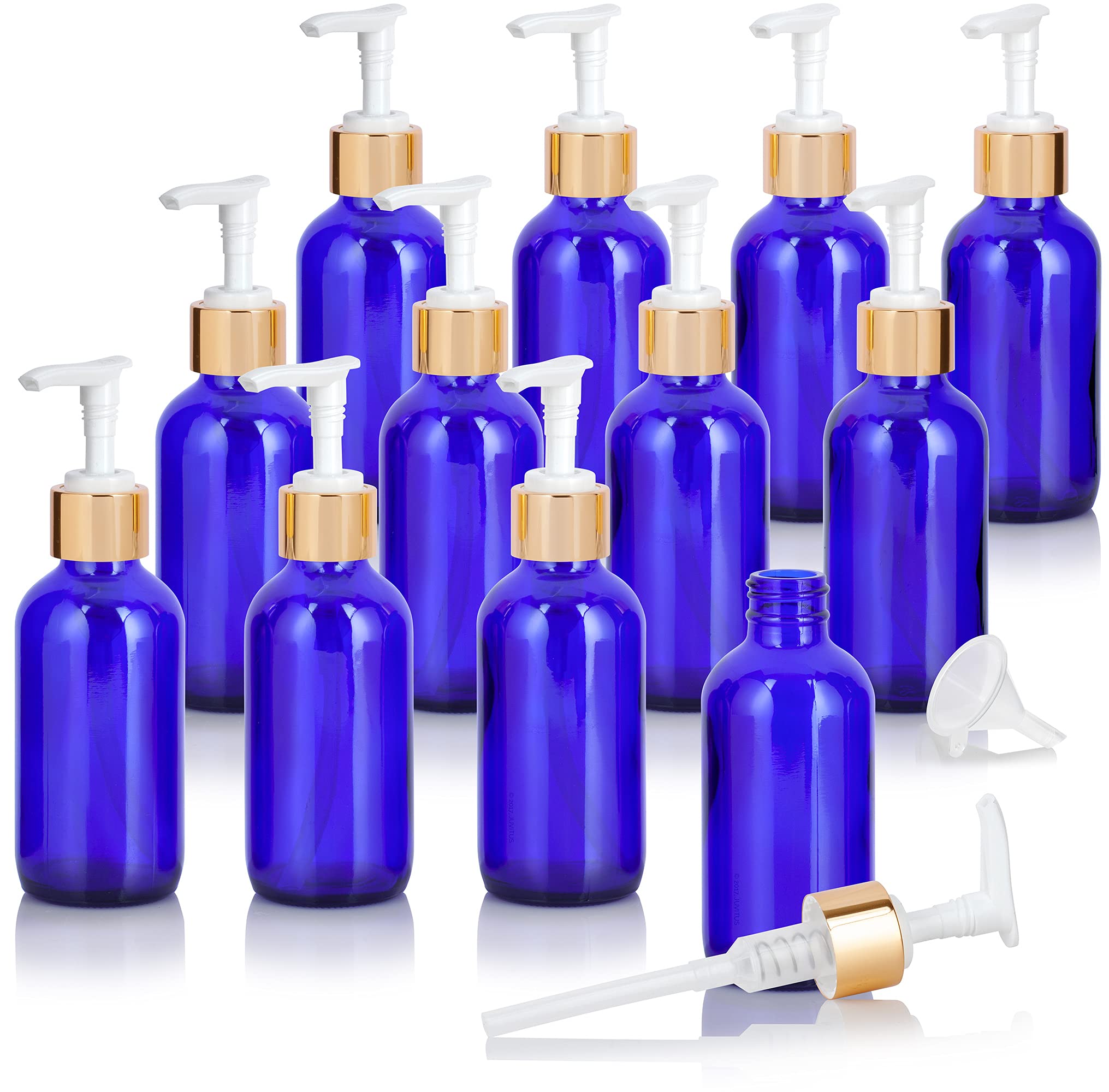 (12 Pack) 4 oz Cobalt Blue Glass Boston Round Bottle with Gold Lotion Pump & Funnel - Perfect for Essential Oils, DIY Skincare, and Hand Sanitizer Dispensers