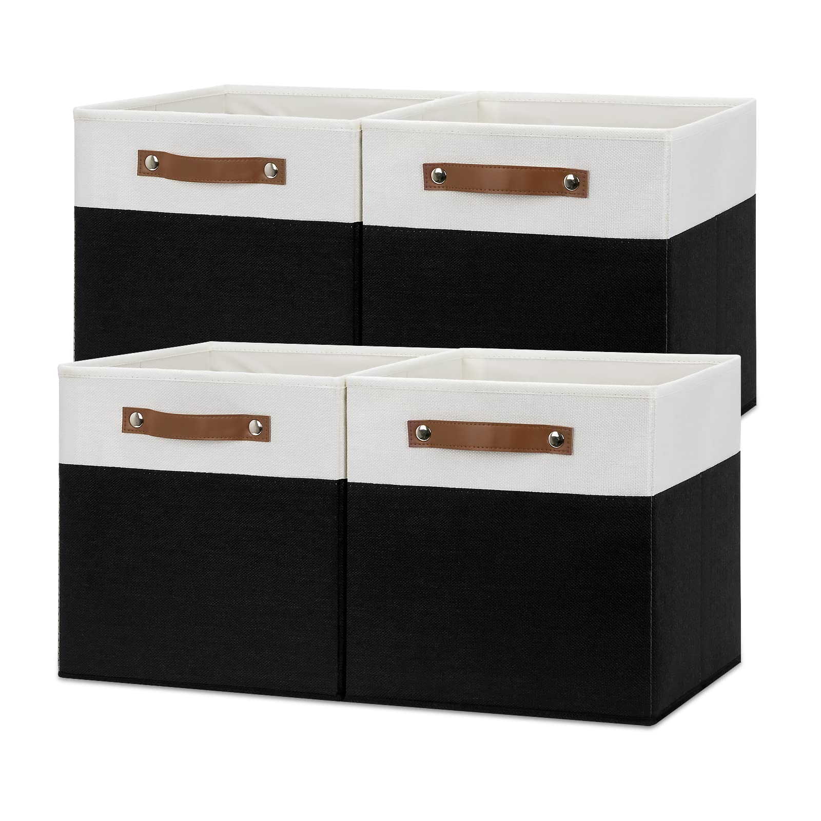 Temary 4-Pack Foldable Storage Cubes with Handles - Decorative Fabric Organizer Bins for Closet, Bedroom, Office, Nursery (White & Black) | Space-Saving Home Organization Solution for Toys, Books, Clothes & More