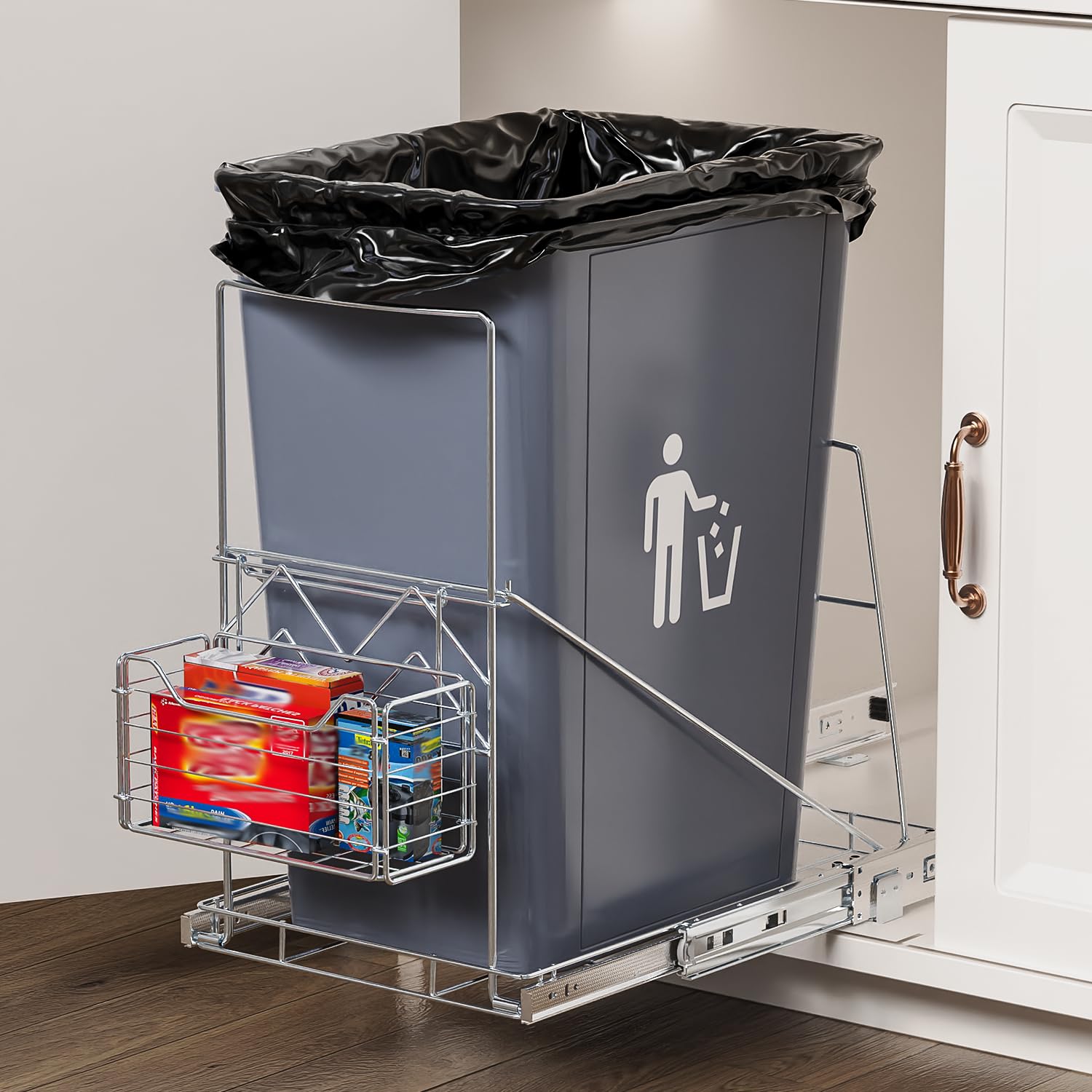 Under Cabinet Pull Out Trash Can with Removable Front Basket - 7-11 Gallon Garbage Bin Storage Solution for Kitchen, Bathroom & Office (Trash Can Not Included) - Space Saving & Odor Control Design