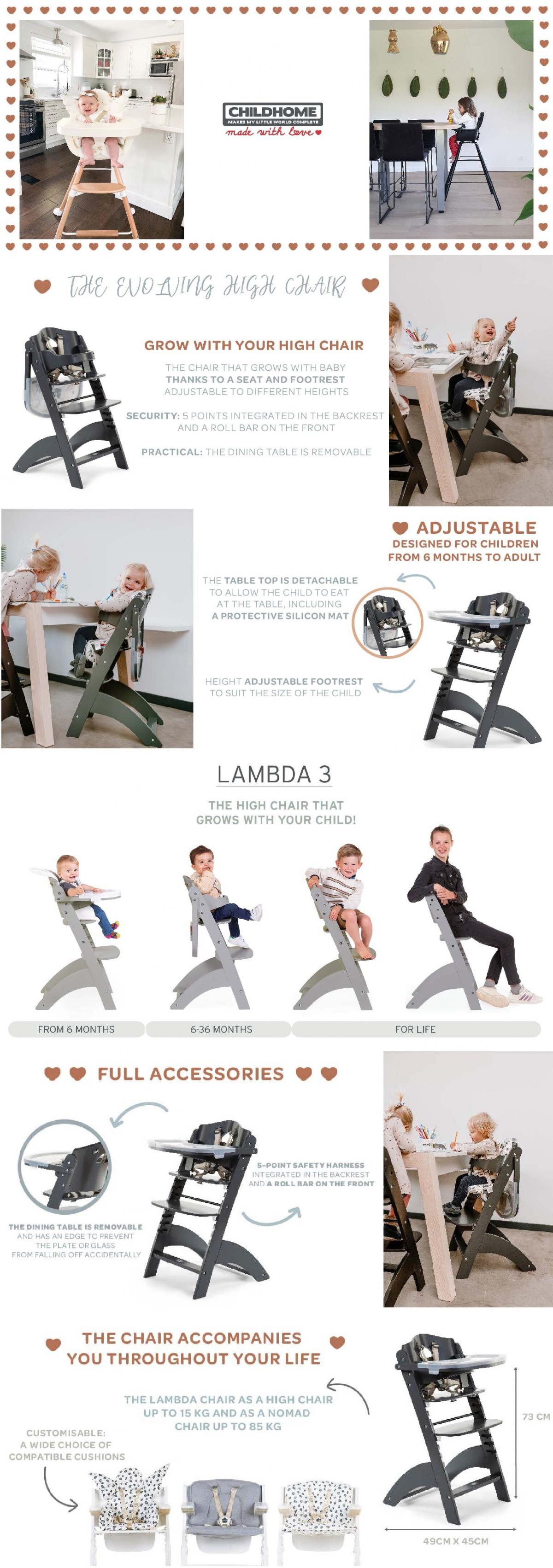 Adjustable Childhome LAMBDA 3 Kids Learning High Chair - Convertible Toddler Dining & Study Chair for Home, Kitchen & Nursery - Ergonomic Growing Chair for Babies 6-36 Months