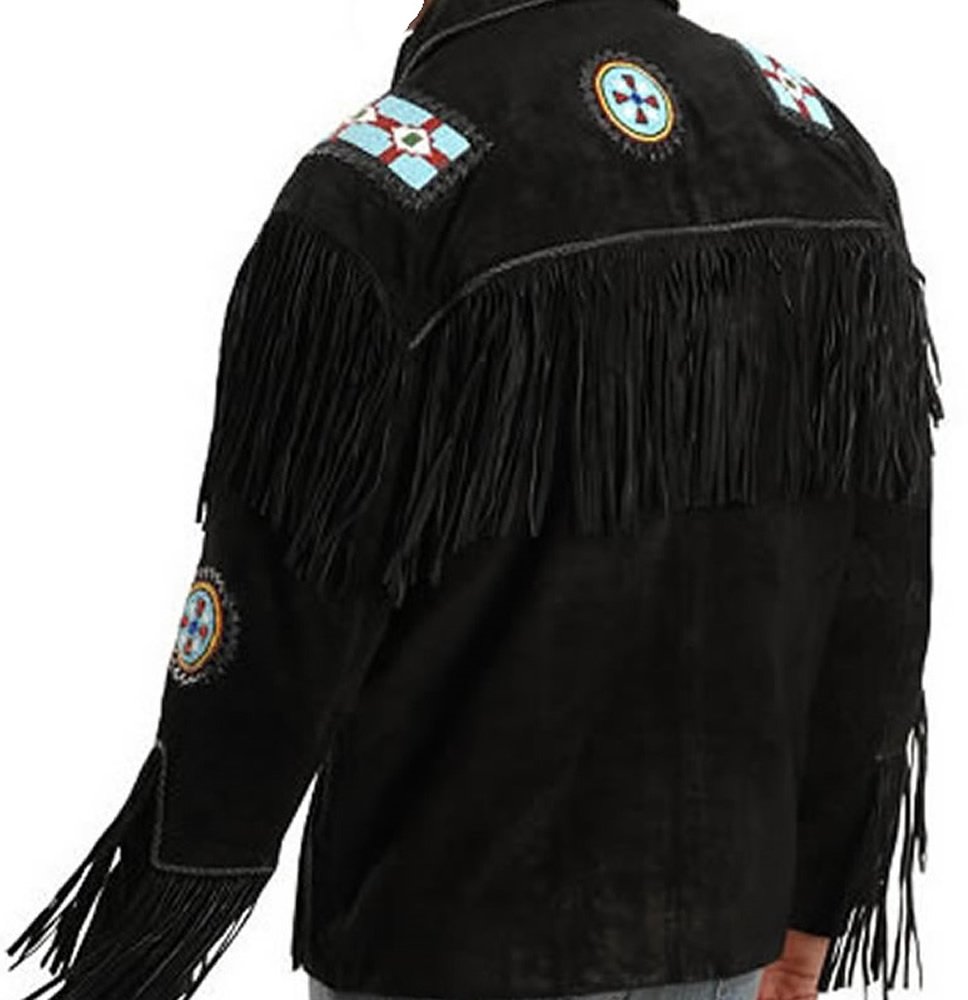 Classyak Genuine Leather Western Jacket with Fringe, Beads & Bone Decor - Perfect for Cowboy Rides, Rodeos & Country Music Festivals
