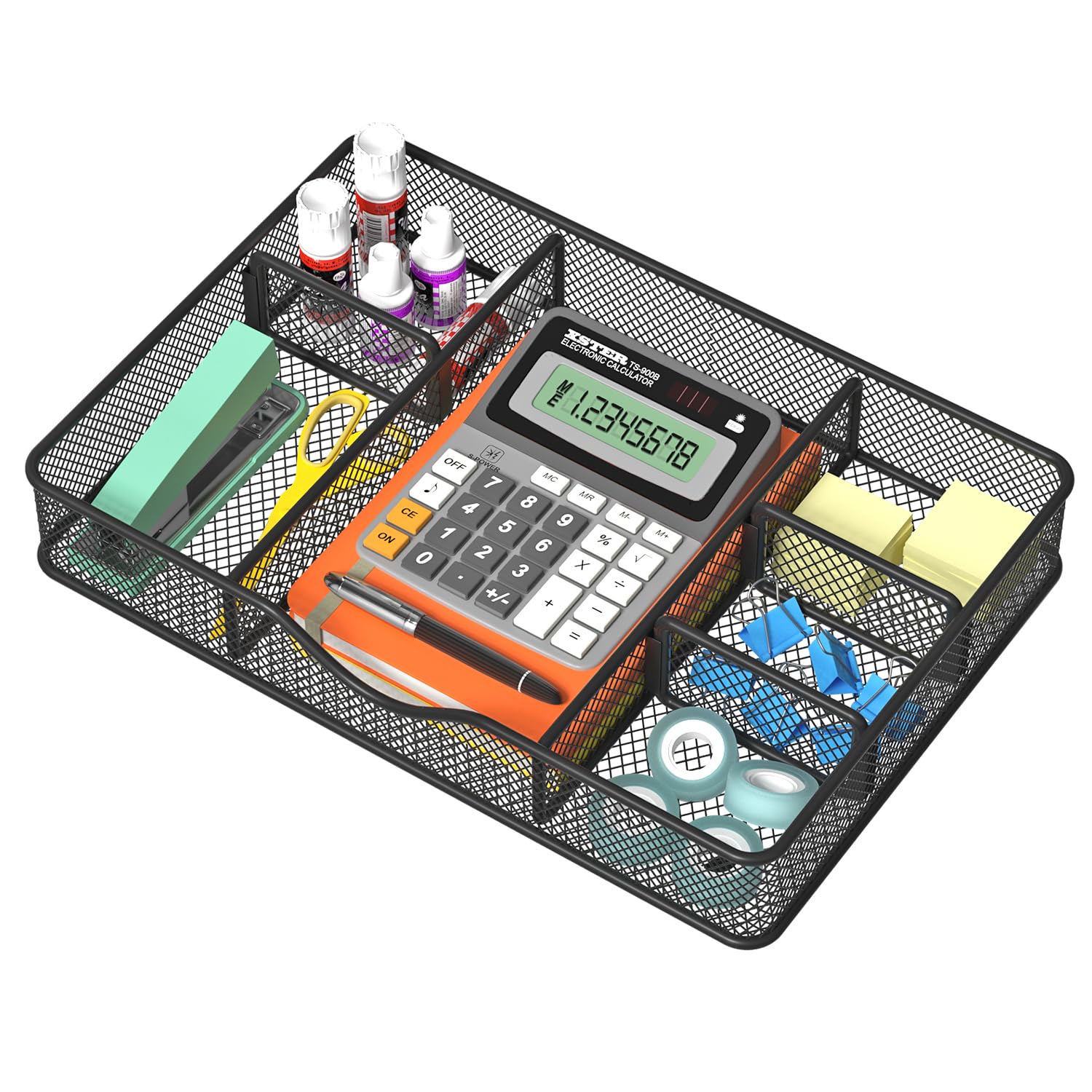 Metal Mesh Desk Drawer Organizer with 6 Adjustable Compartments - 14.5x8.8x1.96 Inch Black Tray for Office, Kitchen, Bathroom, Makeup & Vanity Storage - Perfect for Organizing Stationery, Utensils, Cosmetics & Jewelry