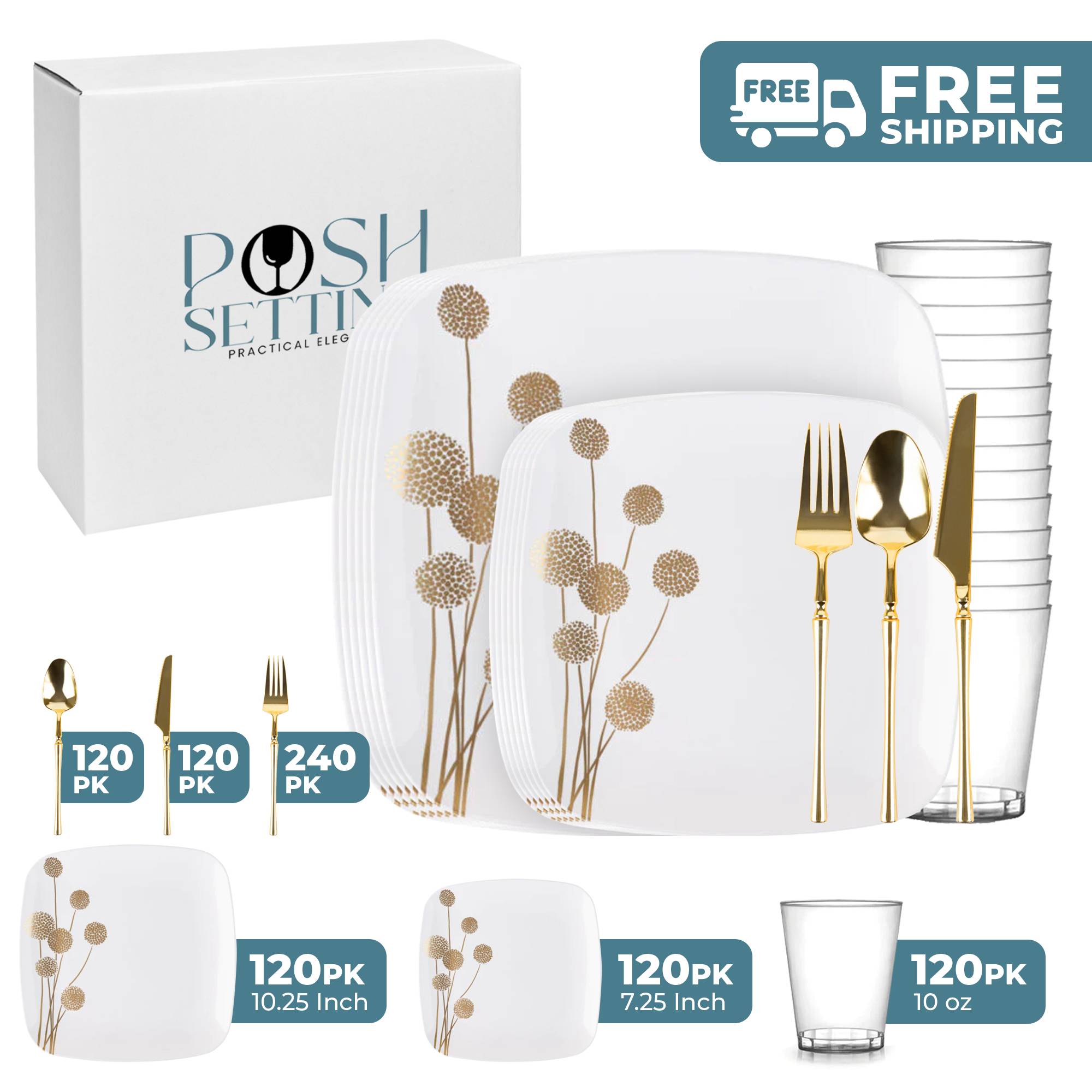 White and Gold Plastic Party Bundle - Dandelion Themed Decorations for Birthday, Wedding, Baby Shower & Special Events