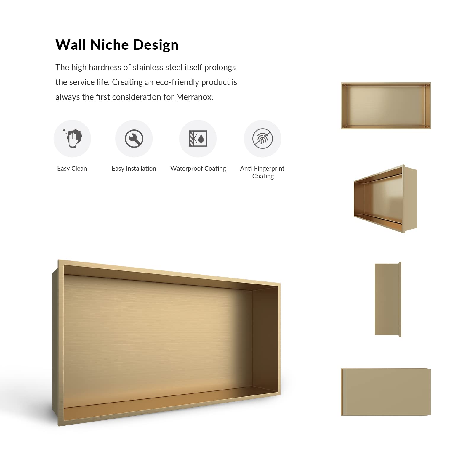 Stainless Steel Shower Niche 24x12 Inch - No Tiling Required Recessed Bathroom Storage Organizer - Champagne Gold Finish for Modern Showers & Spa Bathrooms