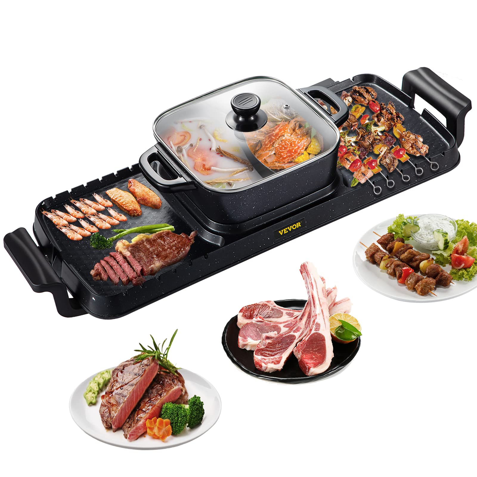 VEVOR 2400W Electric Grill & Hot Pot Combo - Smokeless 2-in-1 Indoor Grill with Dual Temperature Control, Nonstick Teppanyaki Griddle for BBQ, Shabu Shabu, Fondue - Perfect for Family Gatherings (1-8 People)