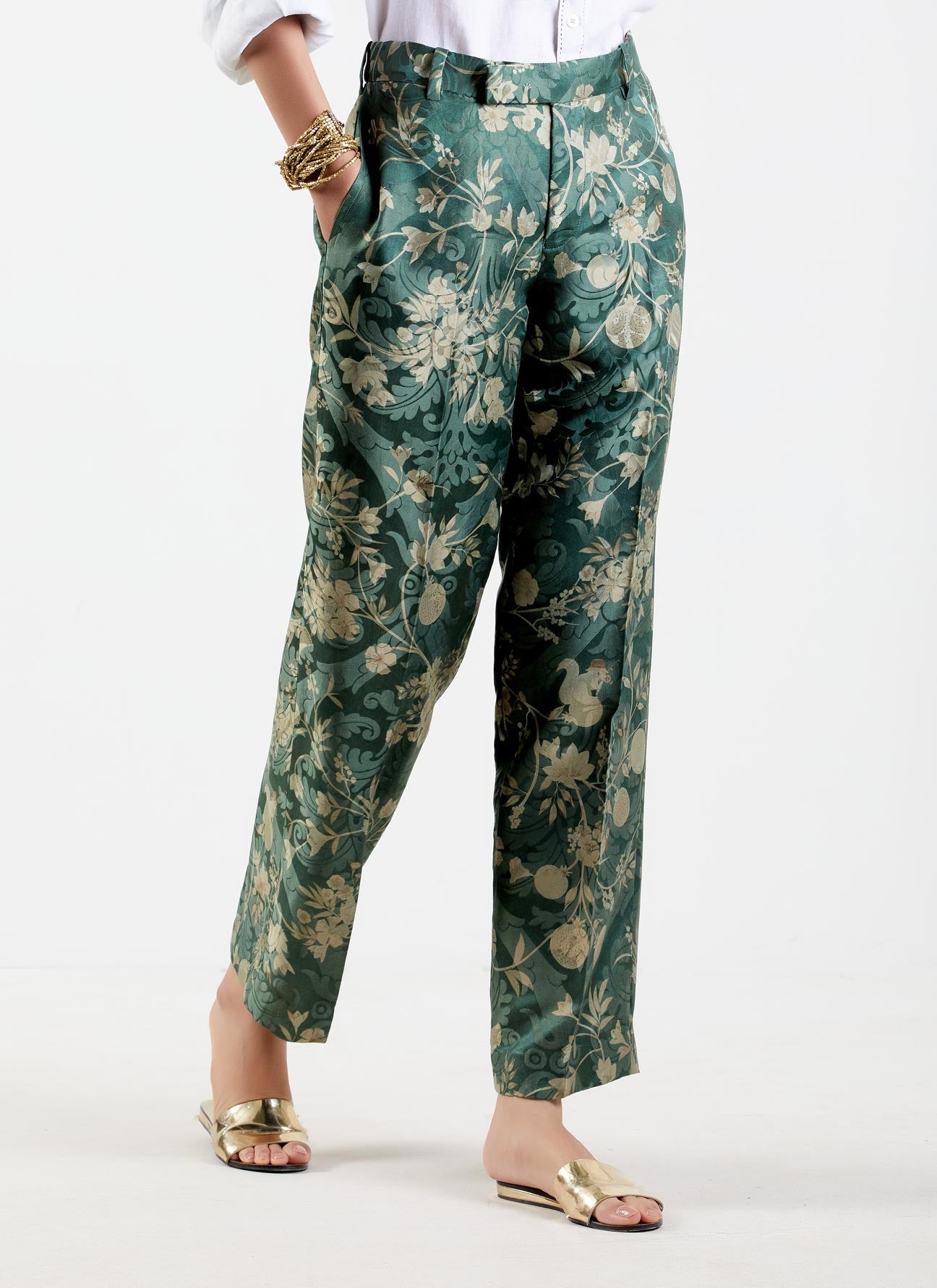 Premium Straight Fit Silk Damask Forest Trousers - Elegant Formal Pants for Business, Office & Special Occasions