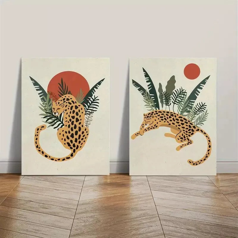 2PCS Jungle Animal Canvas Wall Art - Minimalist Framed Painting Decor 50x75cm - High Quality Print Ready to Hang - Perfect for Nursery, Kids Room & Living Room Decor