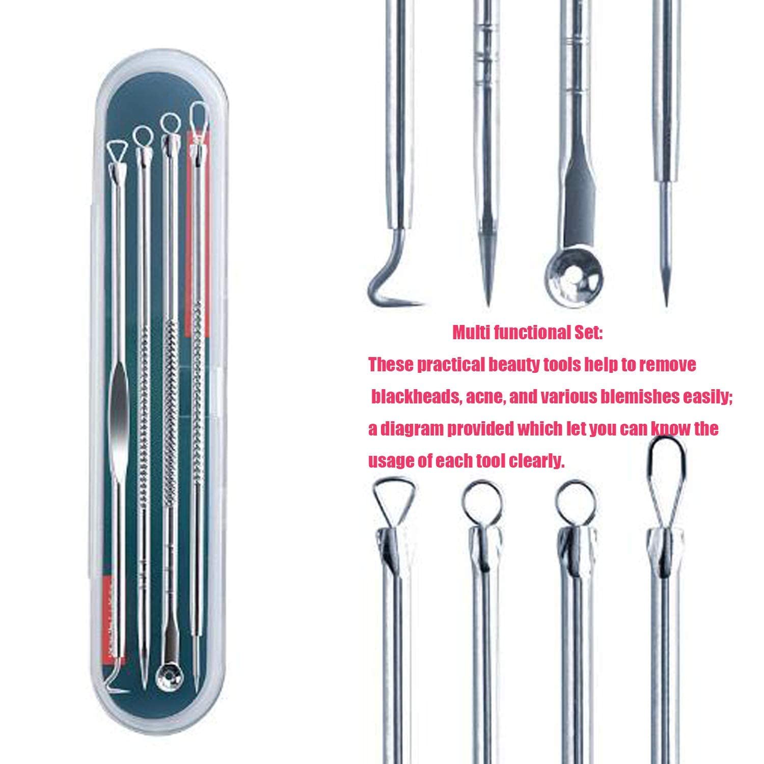 Professional Blackhead Remover Kit - 4 Pcs Pimple Extractor Tools with Case for Nose & Face | Whitehead & Blemish Treatment | Acne Removal for Clear Skin | Perfect for Home Spa & Skincare Routine