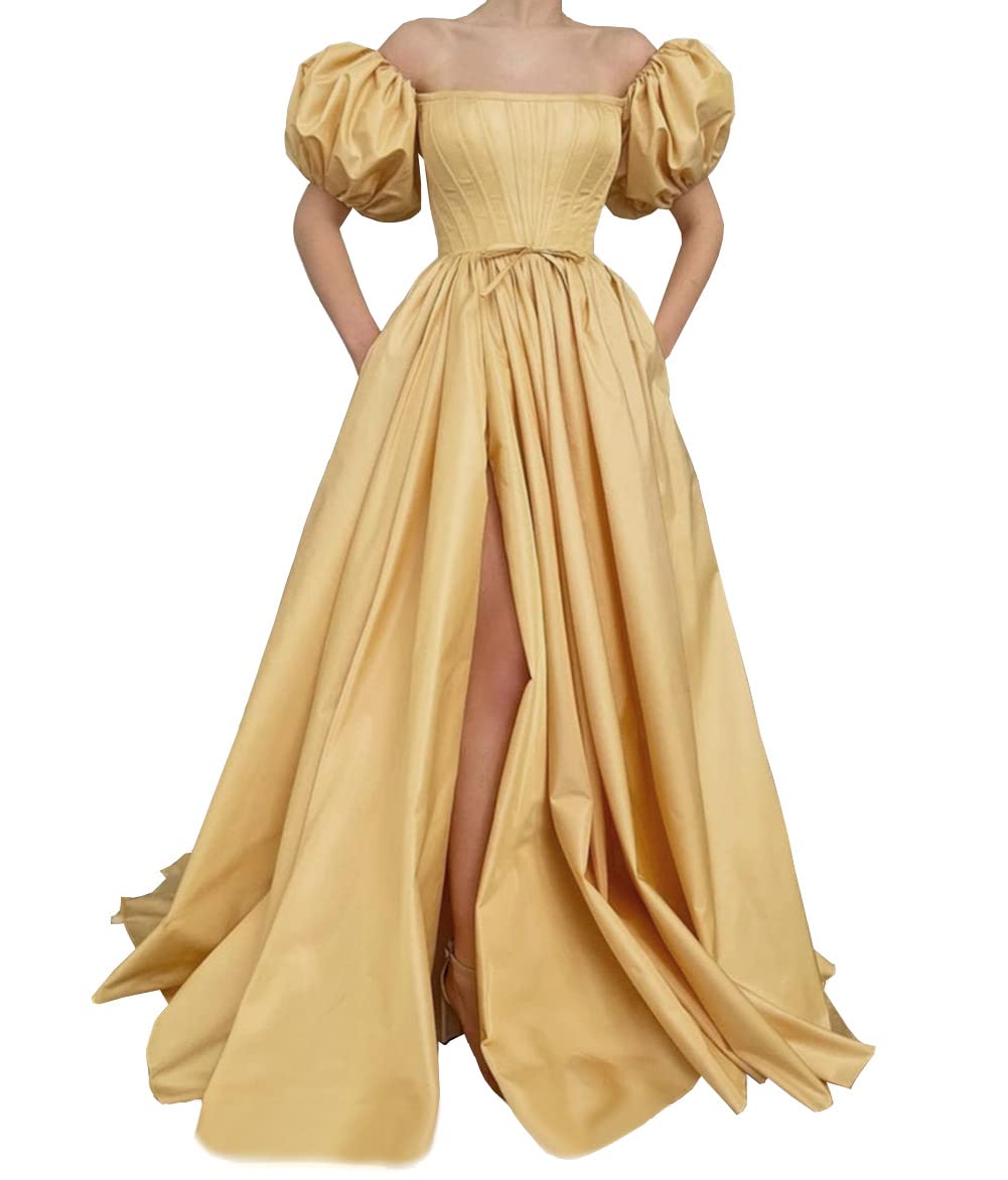 Emanni Women's Satin Formal Evening Dress with Puff Sleeves & Pockets - Elegant Short Prom Gown in Yellow for Cocktail Parties, Weddings & Special Occasions