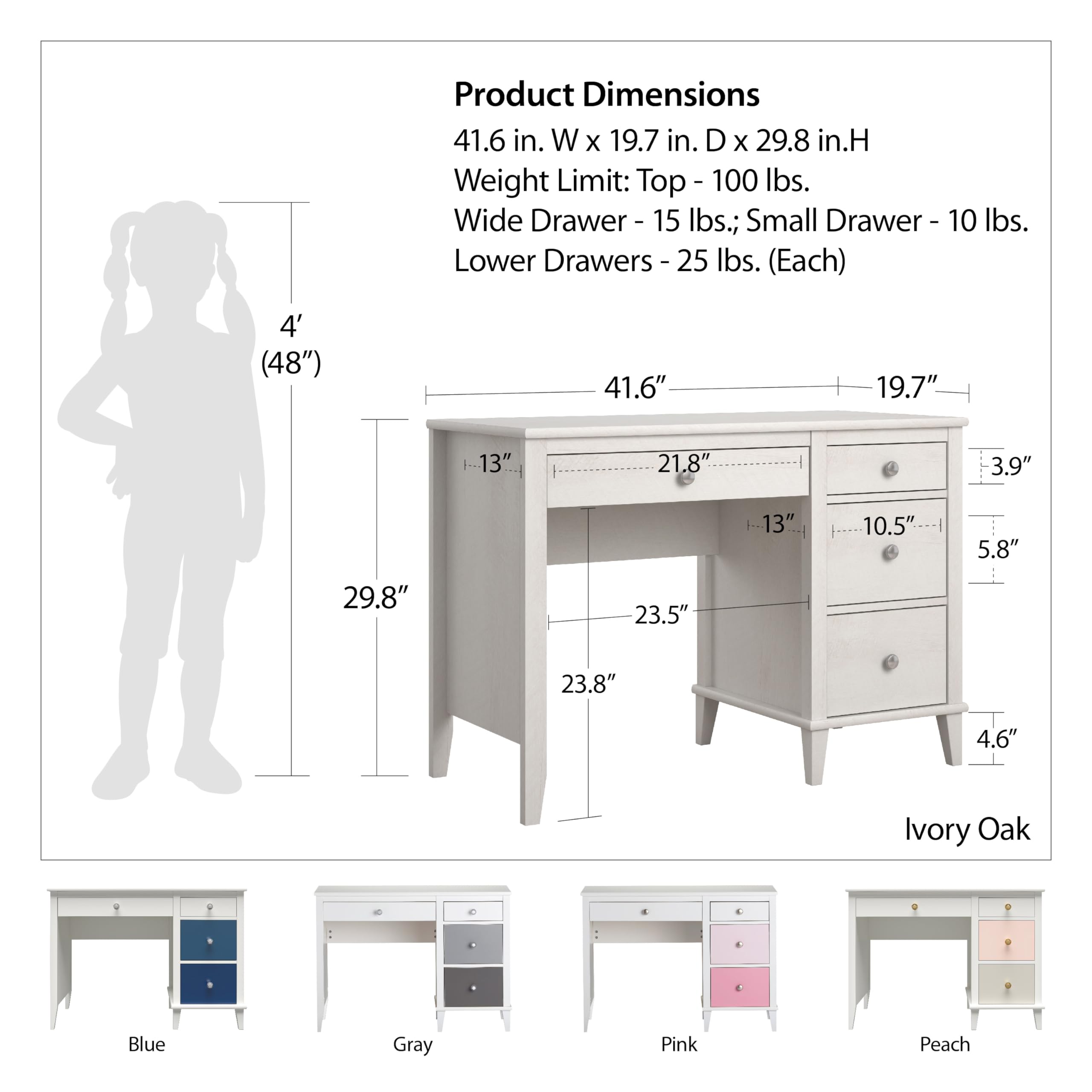 Little Seeds Monarch Hill Poppy Kids Study Desk with Grey Drawers - Perfect for Homework, Drawing & Small Space Bedrooms