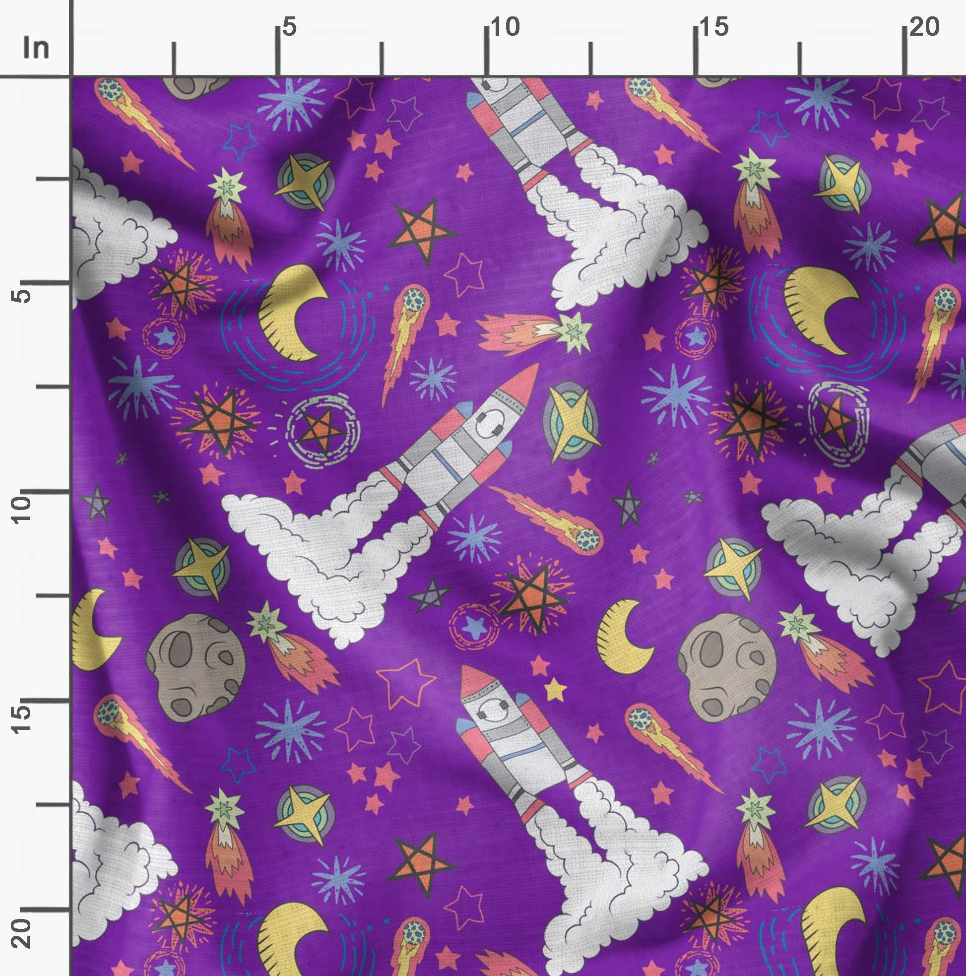 Soimoi Moss Georgette Purple Fabric by The Yard - 42 Inch Wide Stars & Rocket Galaxy Printed Fabric for Sewing, Dresses, Curtains & DIY Crafts - Lightweight & Vibrant Material for Fashion Design & Home Decor