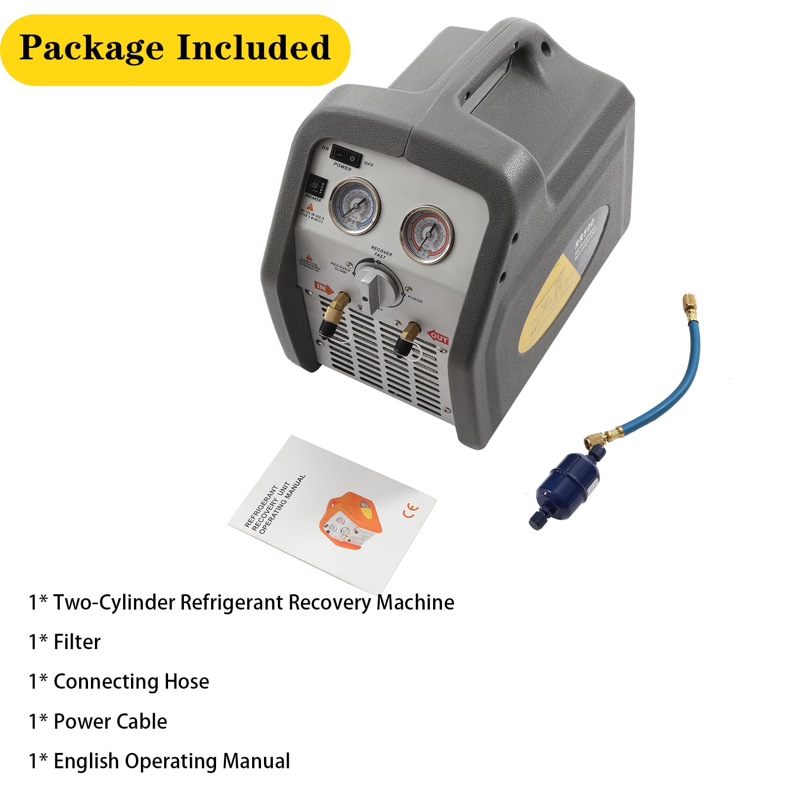 1/2 HP Portable Refrigerant Recovery Machine - 110V 60Hz HVAC AC Recovery Unit for Liquid & Vapor Refrigerant, 558psi High-Pressure Protection, Double Cylinder Design (Grey) - Ideal for HVAC Technicians, AC Repair, and Refrigerant Recycling