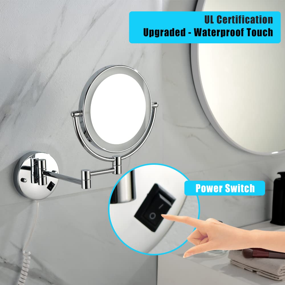 8 Inch LED Wall Mount Two-Sided Magnifying Makeup Vanity Mirror - 12 Inch Extension, 1X/3X Magnification, 360 Degree Rotation, Waterproof, Chrome Finish - Perfect for Shaving, Makeup Application, and Grooming in Bathroom or Dressing Room