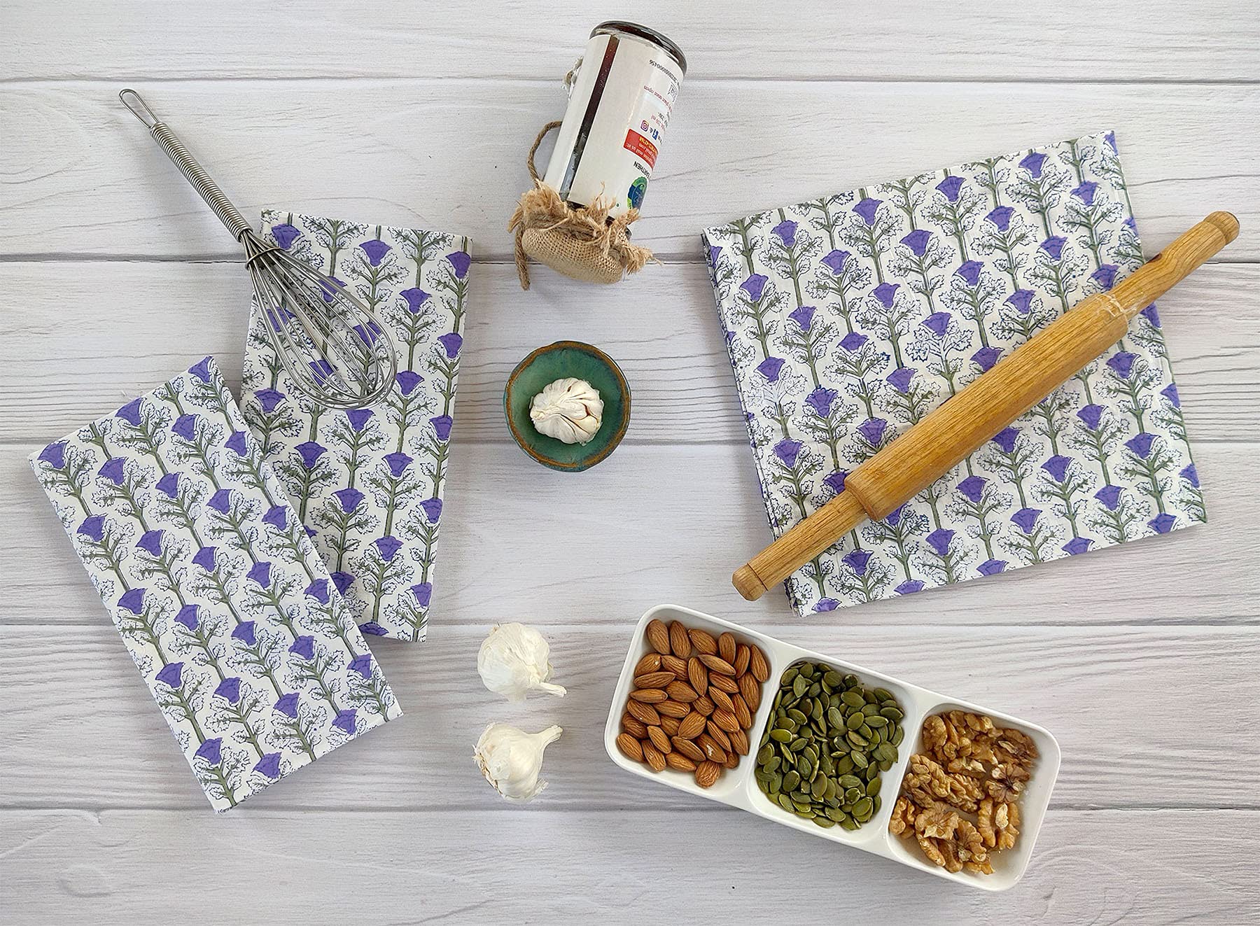 Premium 100% Cotton Decorative Kitchen Towels Set of 3 - 19x27 Inch Absorbent Dish Cloths with Indian Block Print Floral Design (Purple/White) - Perfect for Drying Dishes, Cleaning Countertops & Adding Farmhouse Charm to Your Kitchen