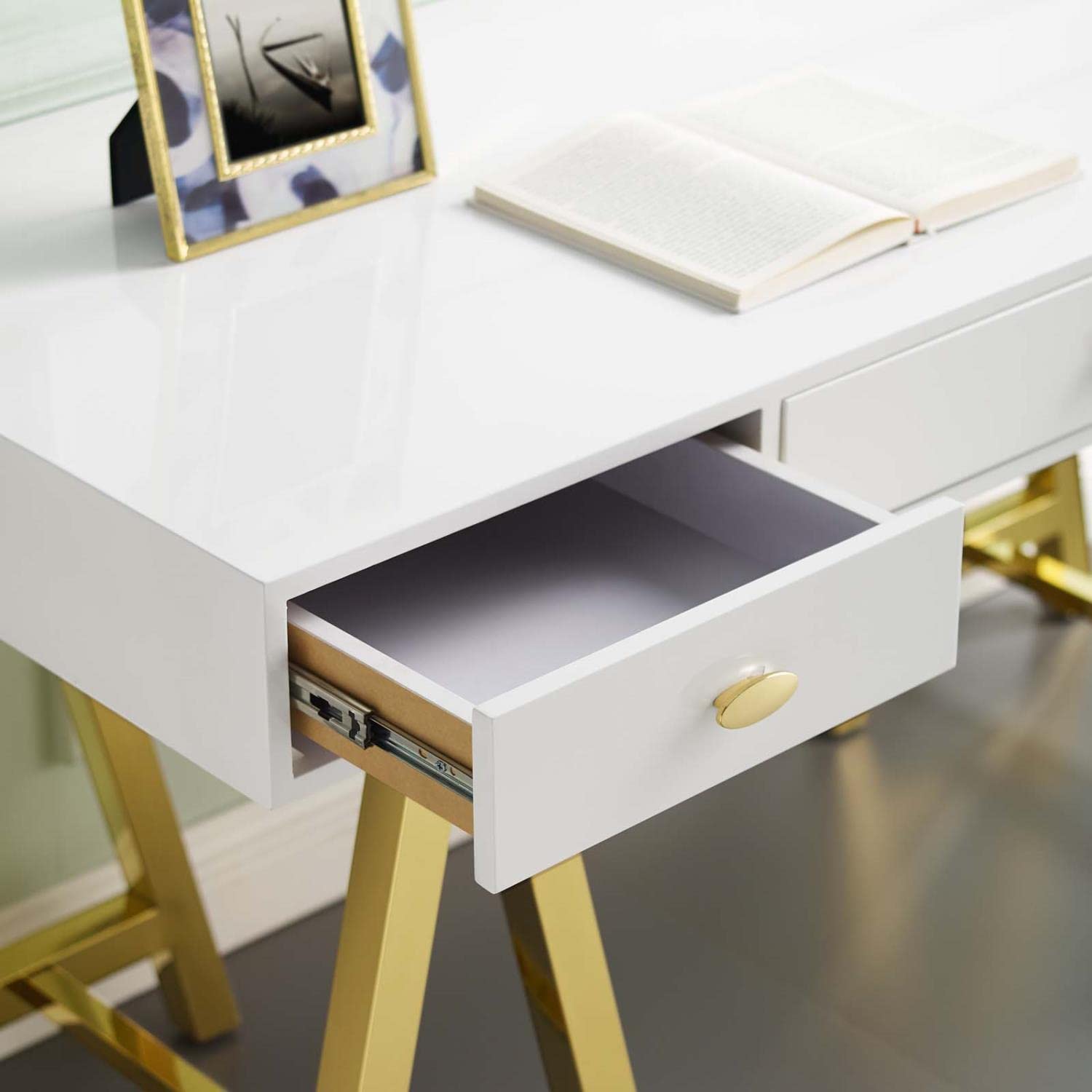 Modway Jettison Modern Office Desk - Gold & White Finish, Ergonomic Writing Desk for Home Office, Study Room or Workspace