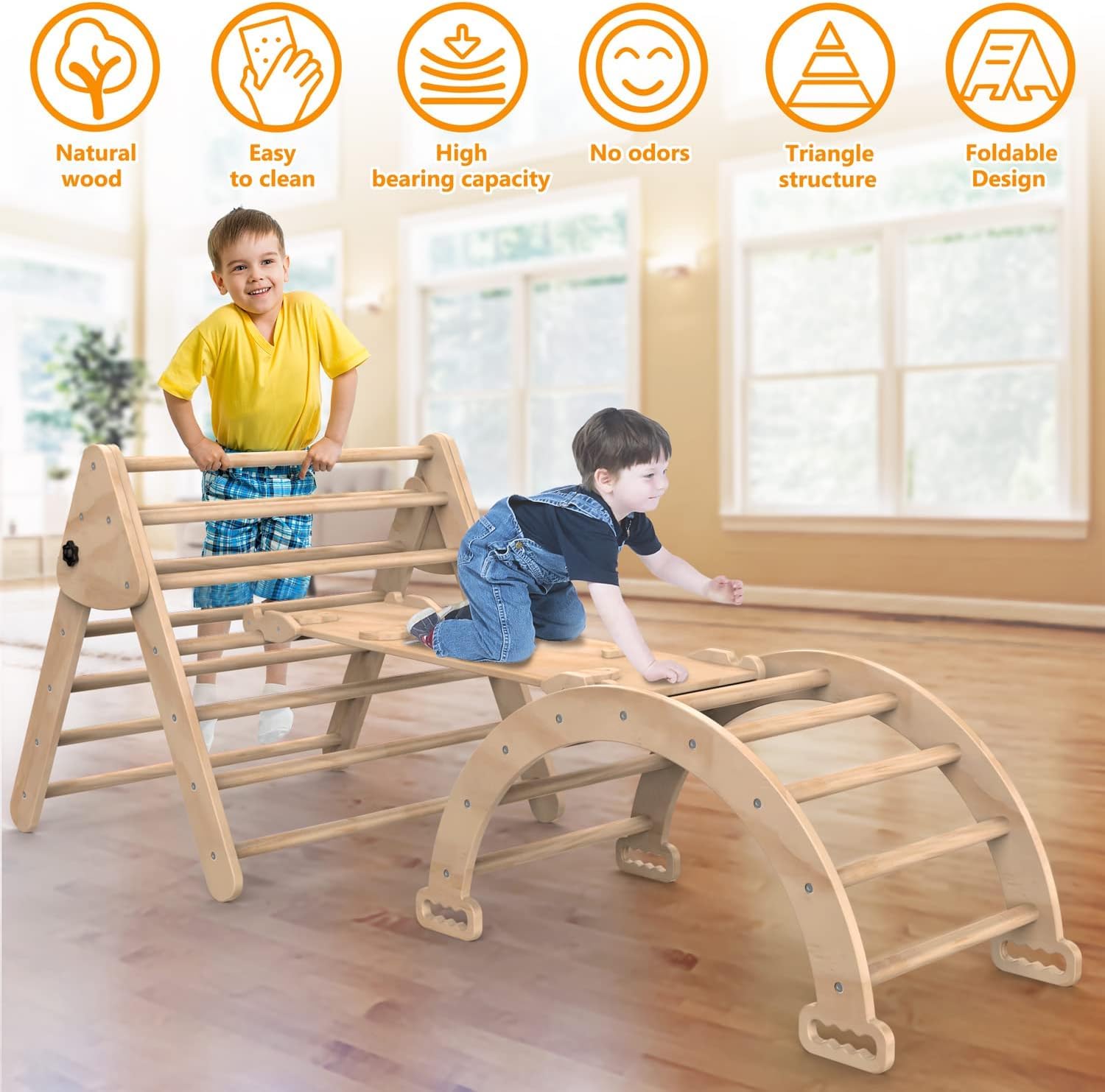 Foldable Wooden Climbing Triangle Ladder with Slide Ramp - 3-Piece Montessori Play Gym Set for Toddlers | Indoor/Outdoor Climbing Toys for Kids | Safe & Sturdy Playground Equipment for Home, Backyard, Daycare & Preschool