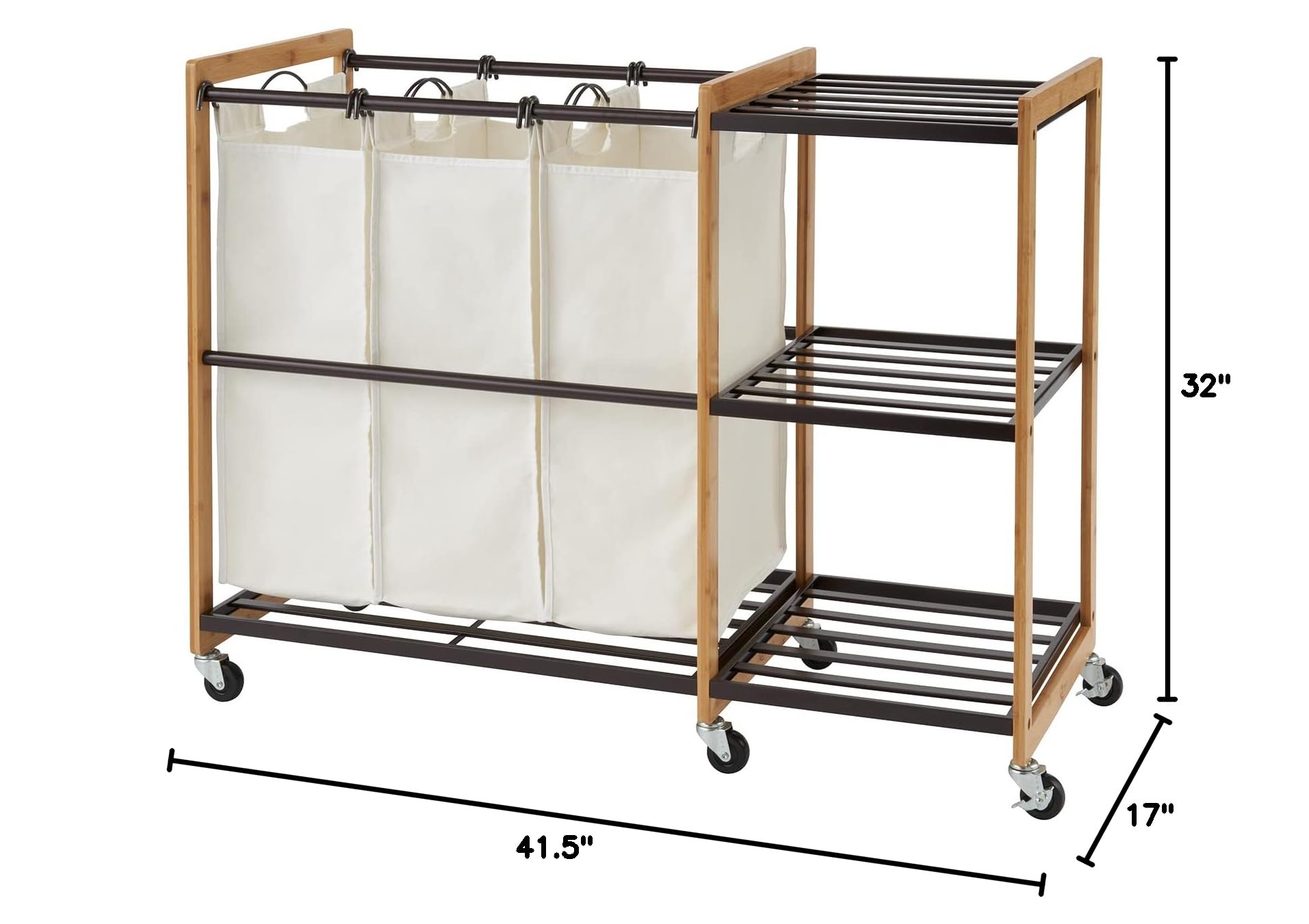 TRINITY 3-Bag Bamboo Laundry Hamper with Wheels - Foldable Laundry Organizer Cart with 3 Shelves & Bronze Poles for Bedroom, Closet, Dorm - Perfect for Small Spaces & Apartment Living