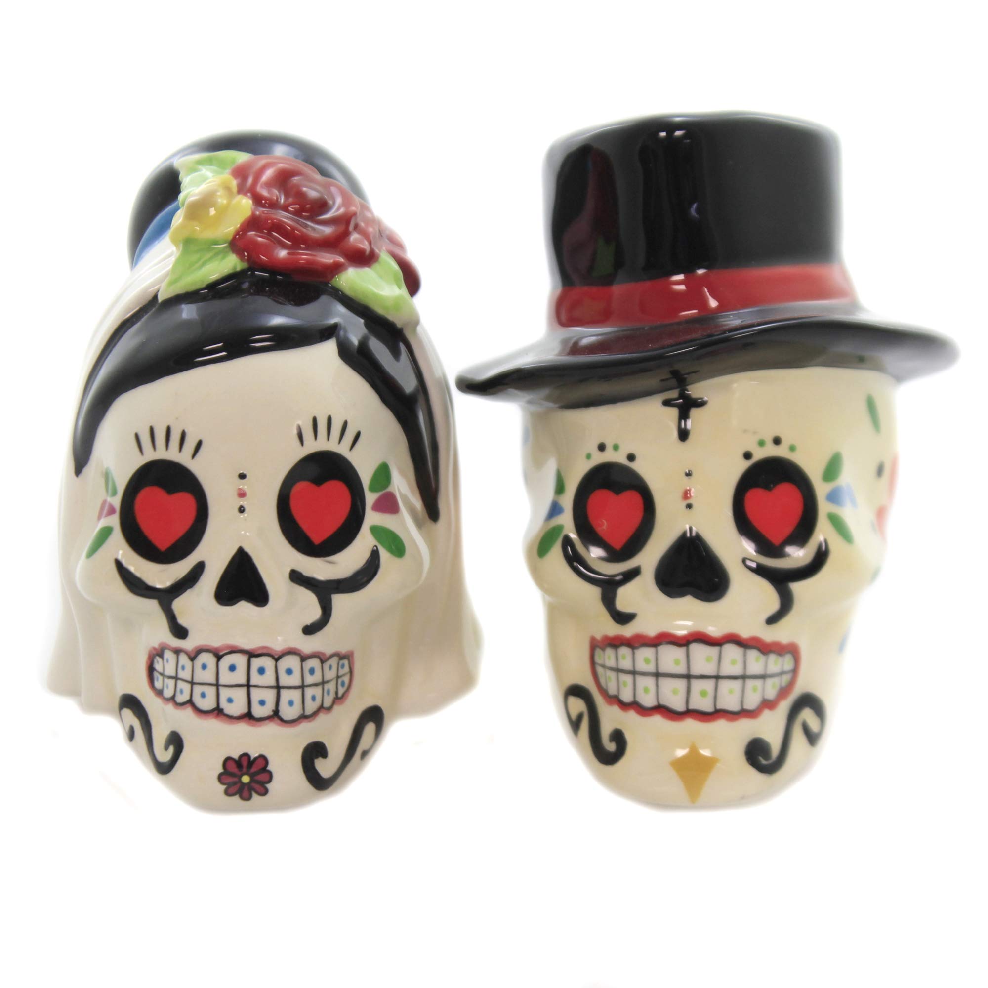 Day of The Dead Ceramic Salt and Pepper Shakers - Bride and Groom Skull Design for Mexican Decor, Kitchen & Dining Table - Perfect for Dia de Los Muertos Celebrations, Halloween Party Decorations & Unique Gift Ideas