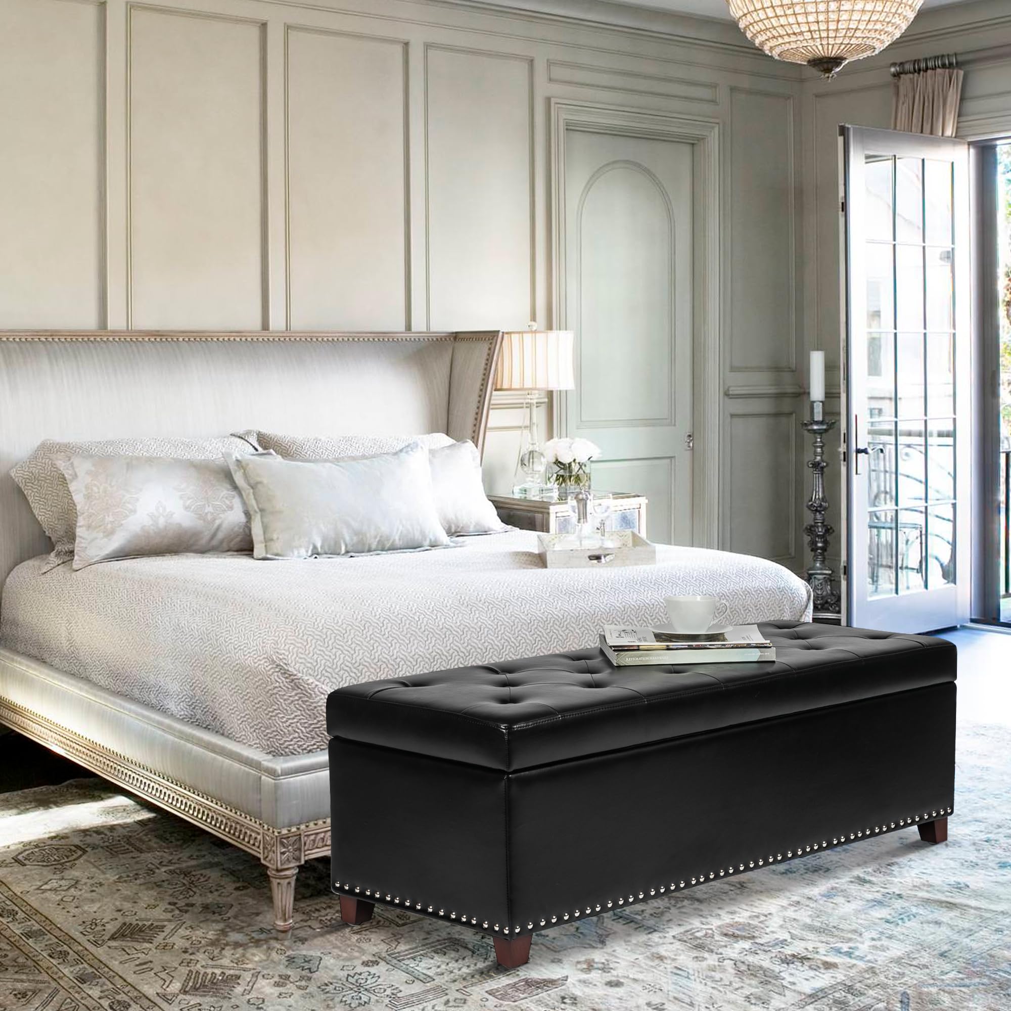 Storage Ottoman Bench with Wooden Legs - Upholstered Rectangle Storage Bench for Bedroom & Living Room - Multi-Functional Furniture for Home Organization, Extra Seating, and Stylish Decor