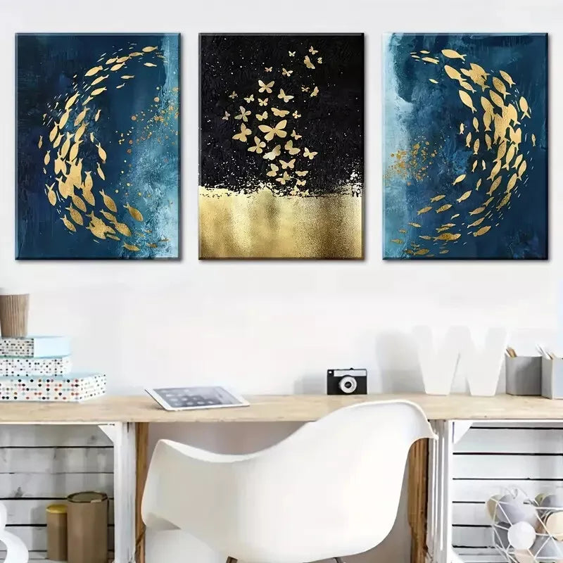 3-Piece Abstract Fish & Butterfly Swarm Wall Art Set - Framed Canvas 40x60cm (16x24in) - High Quality Print, 100% Australian Made - Ready to Hang for Living Room, Bedroom & Office Decor