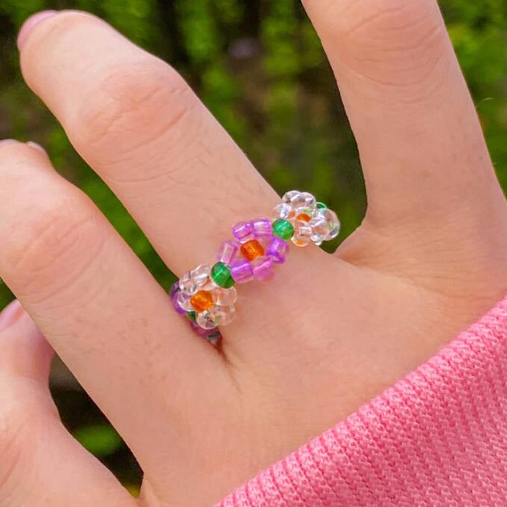 Handmade Stretch Crystal Bead Flower Rings - Colorful Adjustable Rice Bead Ring Set for Women & Girls | Perfect for Parties, Weddings, and Everyday Fashion Accessories