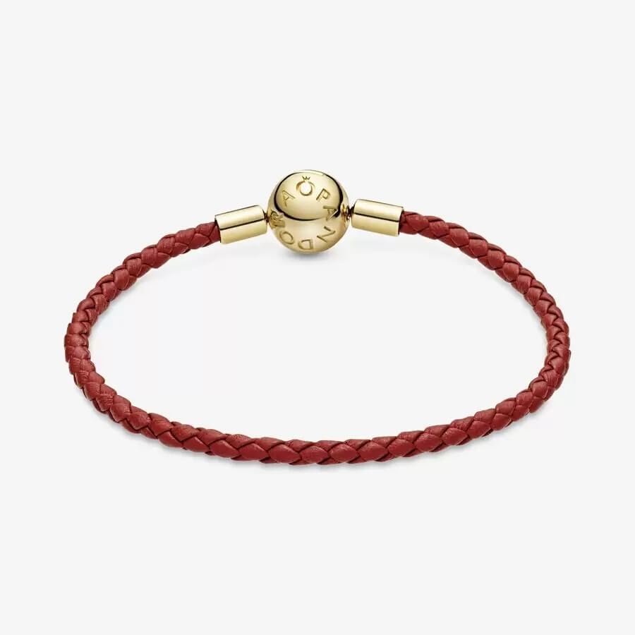 PANDORA Moments Woven Leather Bracelet with 18k Gold-Plated Clasp | Compatible with PANDORA Charms | PANDORA Shine & Leather | Elegant Gift for Women with Gift Box | Perfect for Anniversaries, Birthdays & Special Occasions