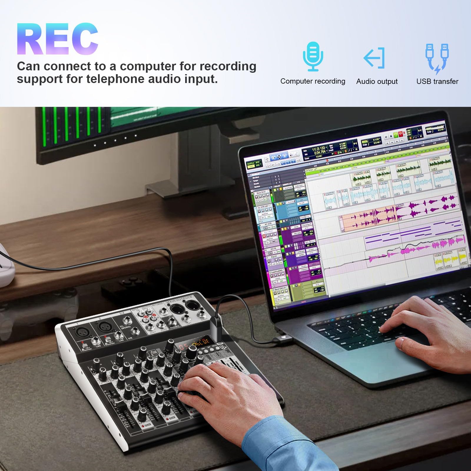 4 Channel USB Audio Mixer with 16-Bit DSP Effects, Bluetooth & +48V Phantom Power - Professional DJ Mixer Sound Board for Karaoke, Studio Recording, Live Streaming & Podcasting