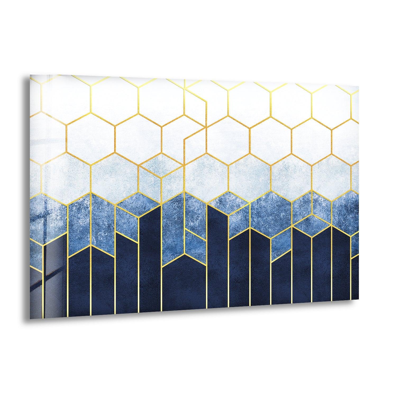 Blue Hexagons Abstract Glass Wall Art - Modern Geometric Home Decor for Living Room, Bedroom & Office
