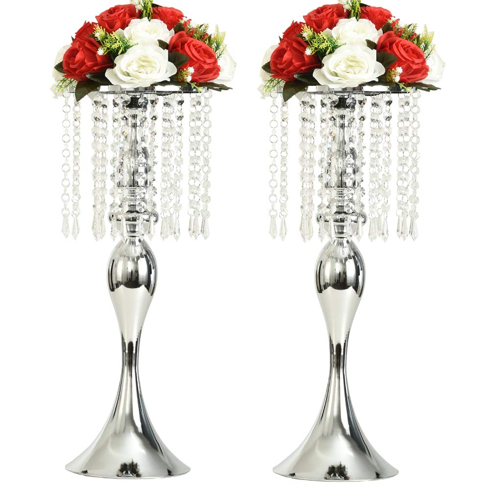 LANLONG Set of 2 Elegant Crystal Centerpieces - Silver Metal Flower Vase Stand for Wedding, Party, Reception - Perfect for Home Decor & Tabletop Display
