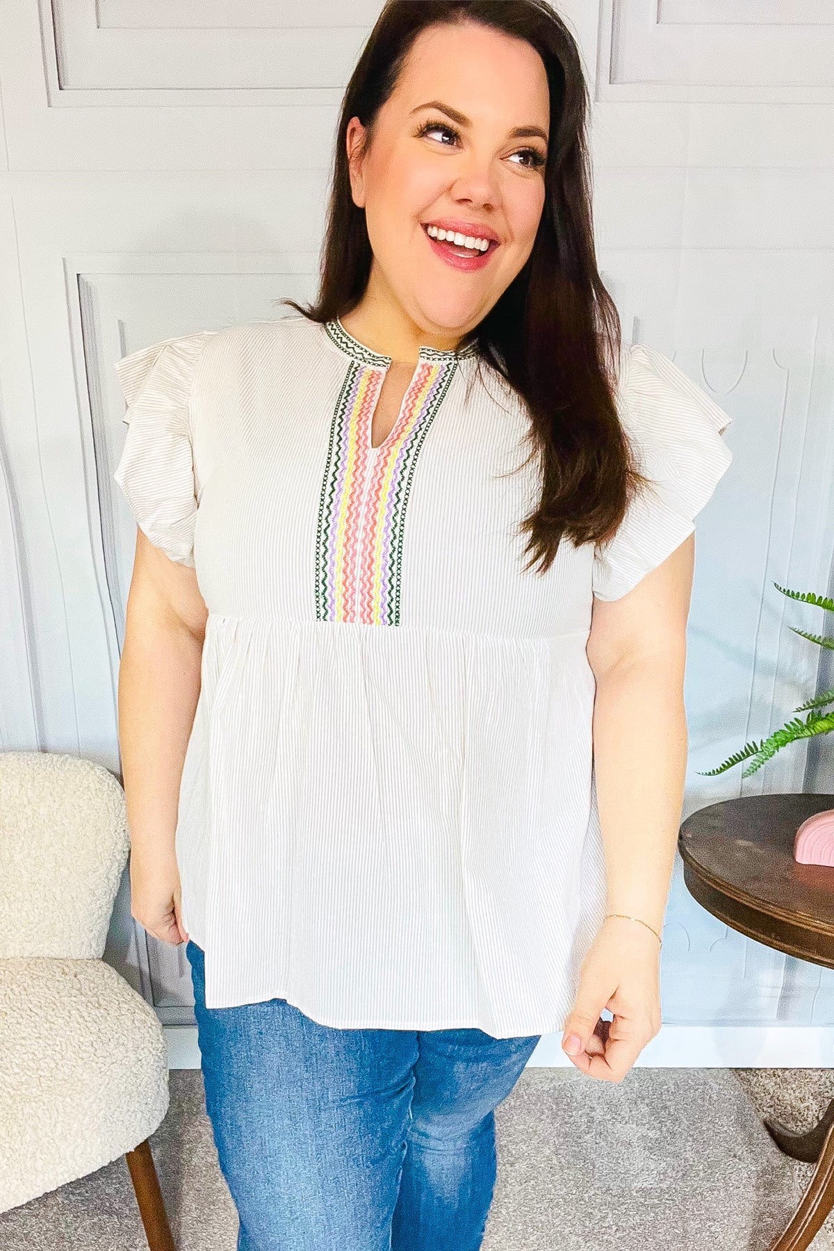 Haptics Weekend Ready Taupe Embroidered Notched Neck Babydoll Top - Women's Casual Boho Blouse for Brunch, Date Night & Summer Outings