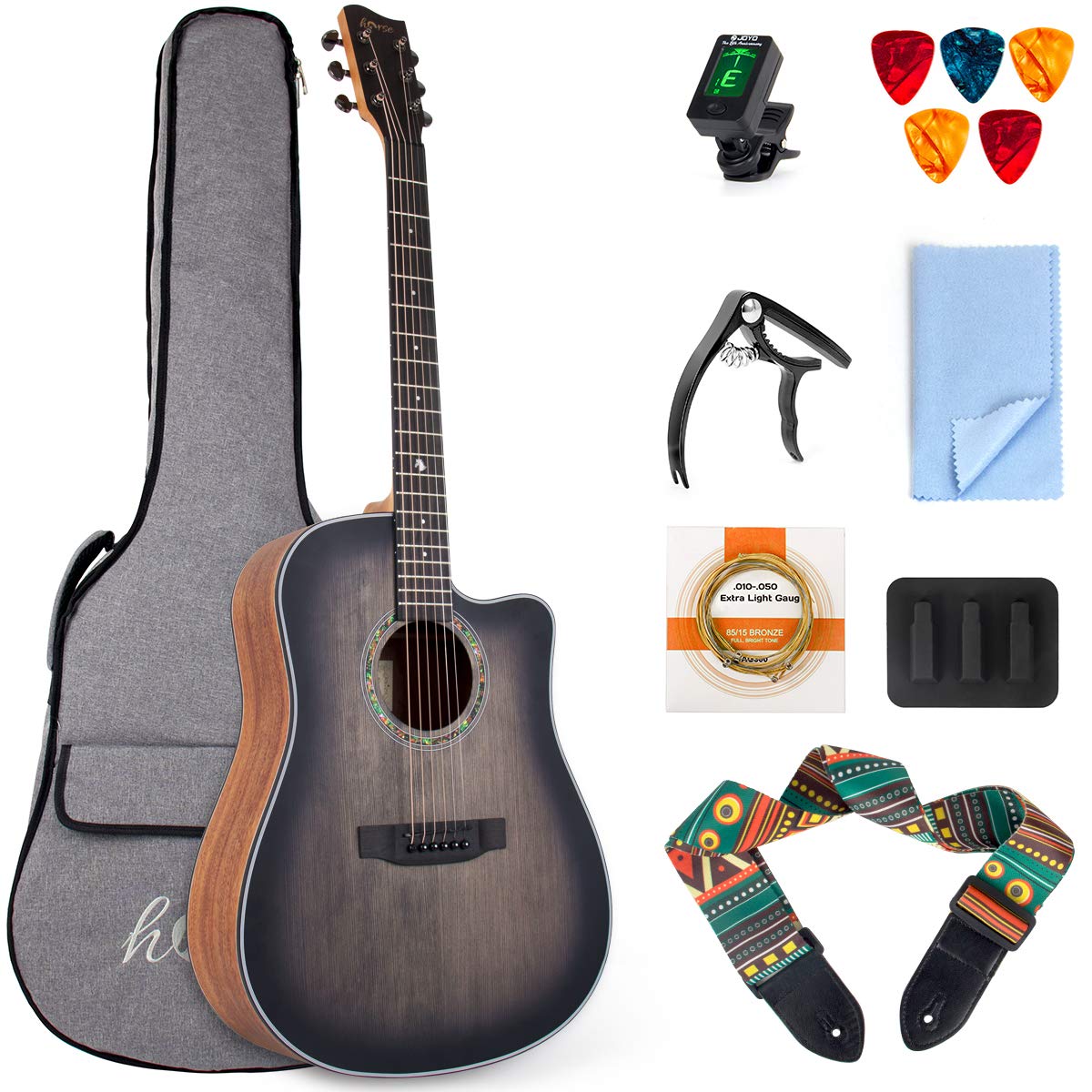 41 Inch Full-Size Dreadnought Acoustic Guitar with Cutaway - Professional Folk Guitar with 6 Metal Strings & Complete Beginner Kit (Gig Bag, Tuner, Strap, Picks) - Perfect for Beginners, Camping, Travel & Home Practice