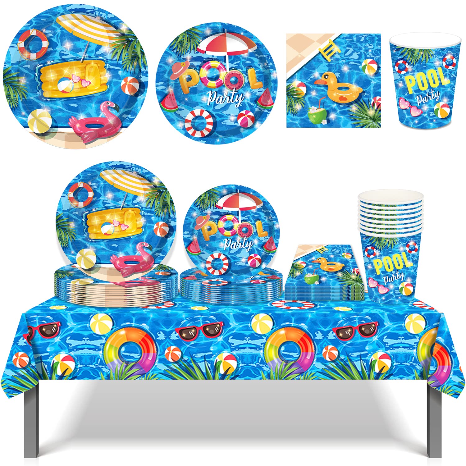 45PCS Summer Pool Party Supplies Kit - Disposable Tableware Set for 8 Guests Includes Tablecloth, Plates, Cups & Napkins - Beach Theme Party Decorations for Kids Birthday, BBQ, Picnic & Outdoor Events